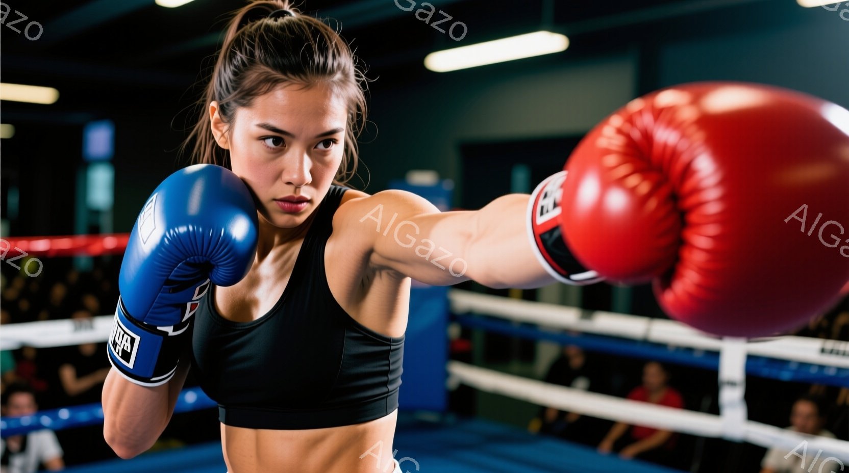 競技場でボクシングの構えをとる女性が写っている。彼女は黒のスポーツブラとショーツを着用し、片手に青、もう片手に赤のボクシンググローブをはめている。真剣な表情で右ストレートを繰り出す姿勢は、アスリートの力強さと集中力を感じさせる。