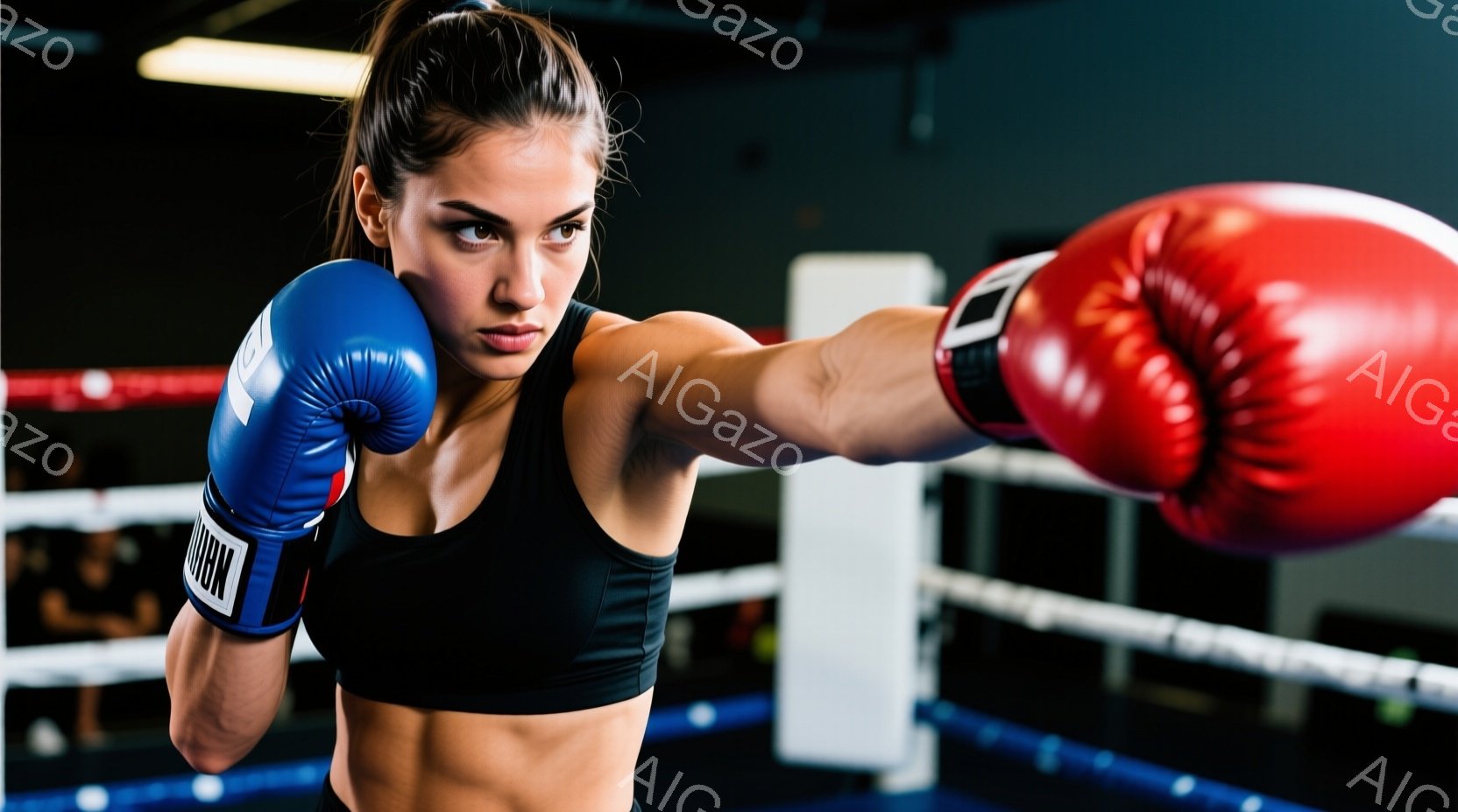 リングの中でボクシングの構えを取る女性が写っています。彼女は黒のスポーツブラとショーツを着用し、赤と青のボクシンググローブをはめています。引き締まった体つきで、強い意志を感じさせる表情で、右ストレートを繰り出すポーズをとっています。