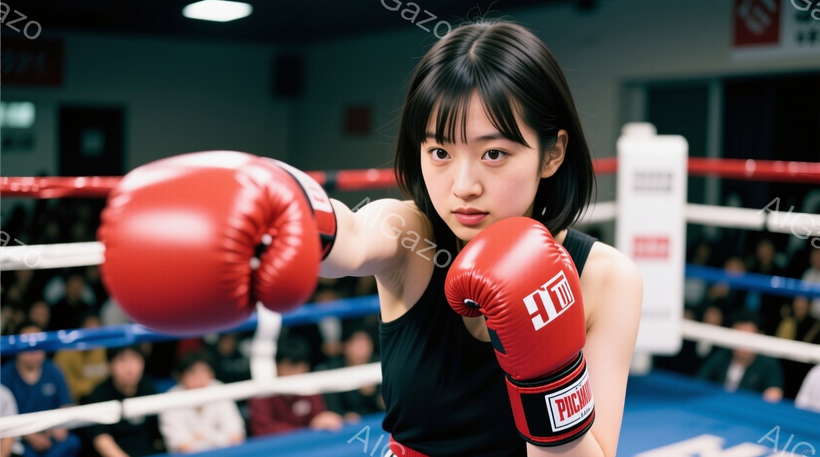 リング中央で構えを取る若い女性ボクサーが写っています。黒いタンクトップと赤いボクシンググローブを着用し、真剣な表情で右ストレートを繰り出す構えです。リングのロープや観客席のぼかし、リングの照明が、競技会場の雰囲気を強調しています。