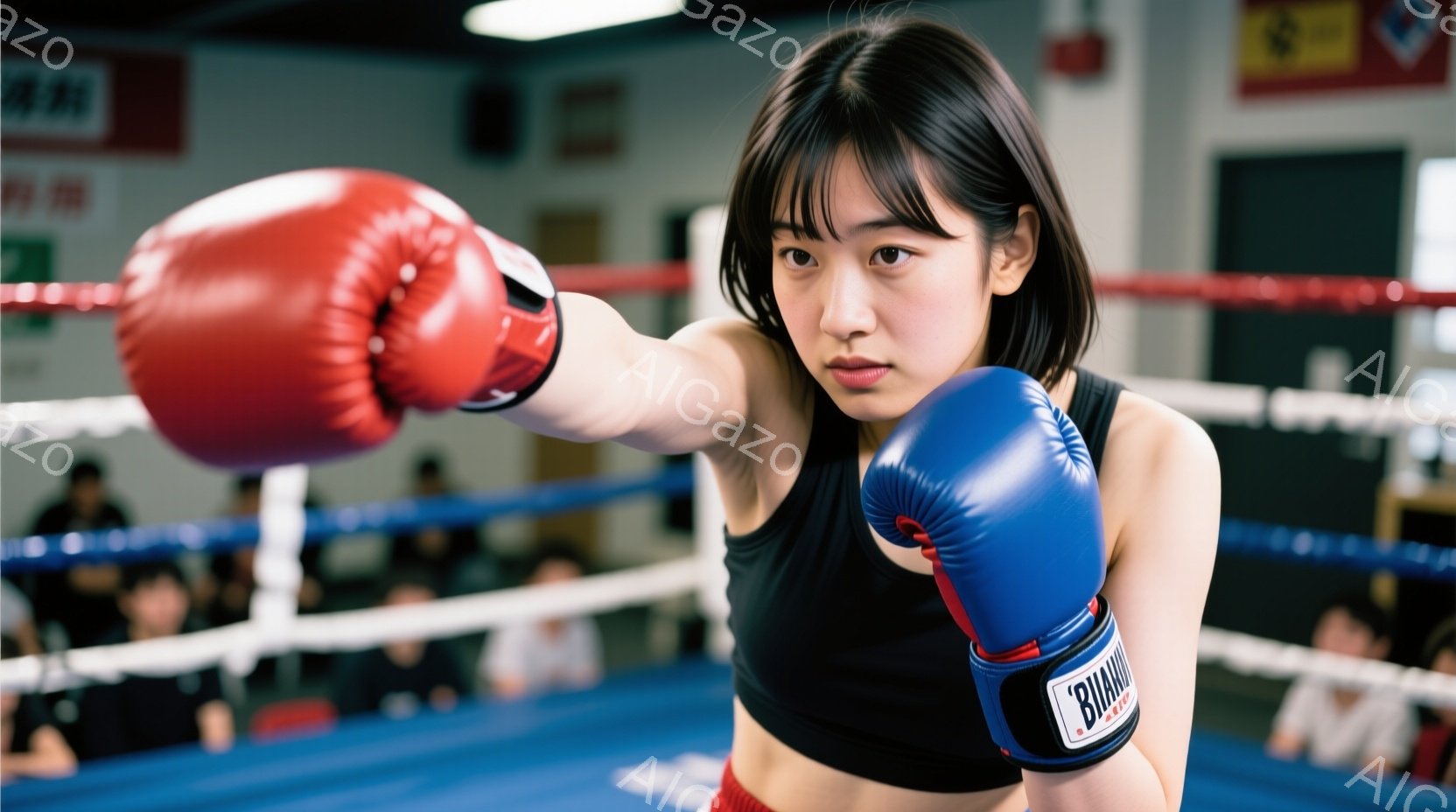 彼女はリングの中心で構え、青と赤のボクシンググローブを着用し、まっすぐに突き出す右ストレートを見せている。黒髪のショートヘアで、集中した表情で、引き締まった黒いタンクトップを着ている。背景にはぼやけた - AI生成フリー素材