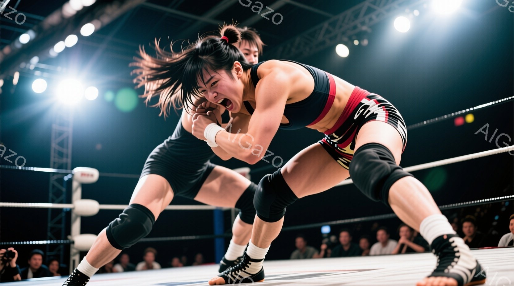 競技場と思われる場所で、女性レスラーが激しい組み合いをしている様子が捉えられています。彼女は黒いヘアスタイルで、顔は苦悶の表情を浮かべ、赤い装飾のある黒いレスリングウェアを着用しています。背景には観客席が見え、競技場の照明が強く当たっています。