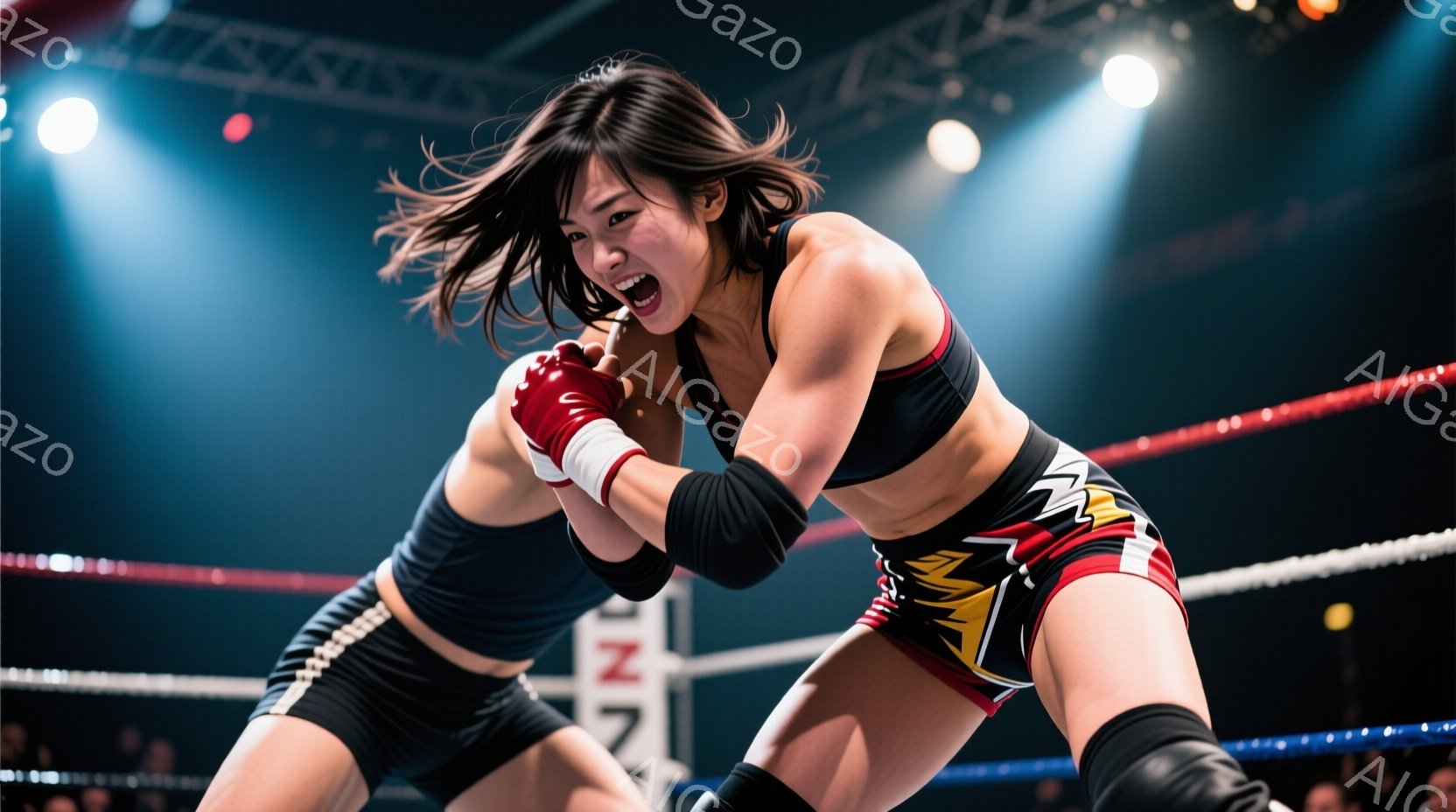 レスラーがリングで激しい組み合いをしている写真です。黒髪をポニーテールにし、赤いリストバンドと黒いニーパッドを装着し、赤いハイレッグショーツと黒のトップスを着ています。彼女は激しい表情で相手と組み合い、力強い闘志が伝わってきます。