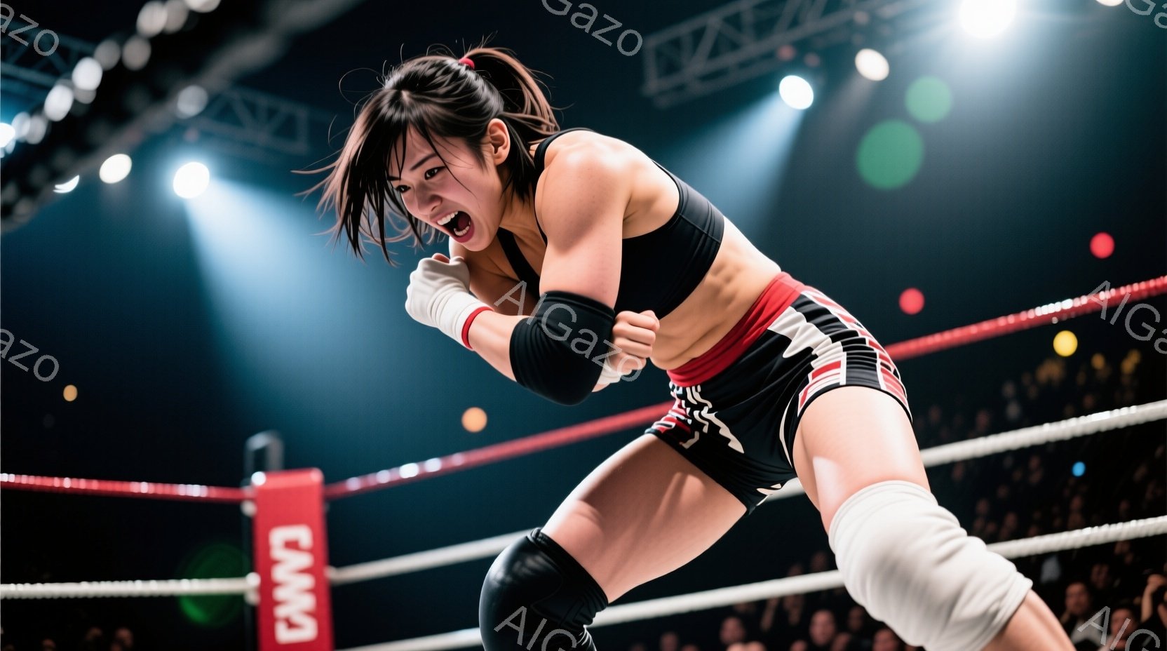リング中央で女性レスラーが力強くパンチを繰り出そうとしています。彼女は黒いスポーツブラと迷彩柄のショートパンツを着用し、膝と手首にプロテクターをつけています。背景には観客席が見え、リングロープとコーナーパッドが鮮やかな赤色で、照明がリングを照らし、熱狂的な雰囲気を醸し出しています。
