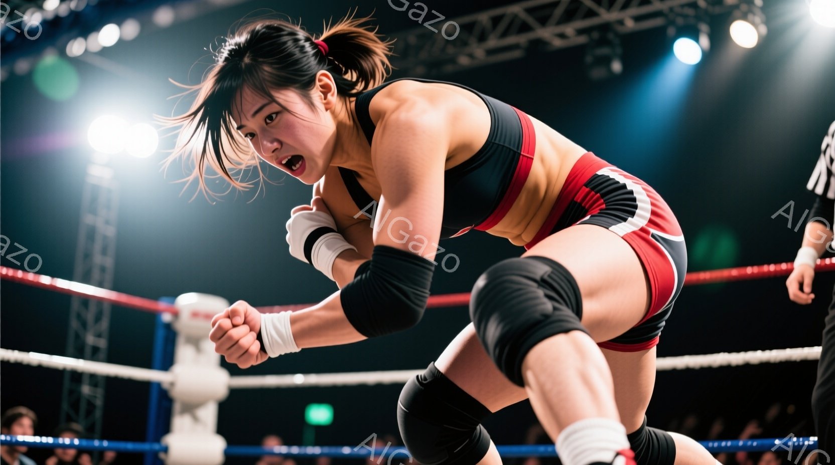 リングに立つ女性レスラーは、赤い装飾が施された黒いレオタードと膝サポーター、リストバンドを着用し、力強い表情で拳を握り締めています。彼女は片膝を曲げ、戦闘態勢に入っており、背景にはリングロープとぼやけた観客席が見えます。 全体的に、緊迫感と活気に満ちた競技の雰囲気が漂っています。