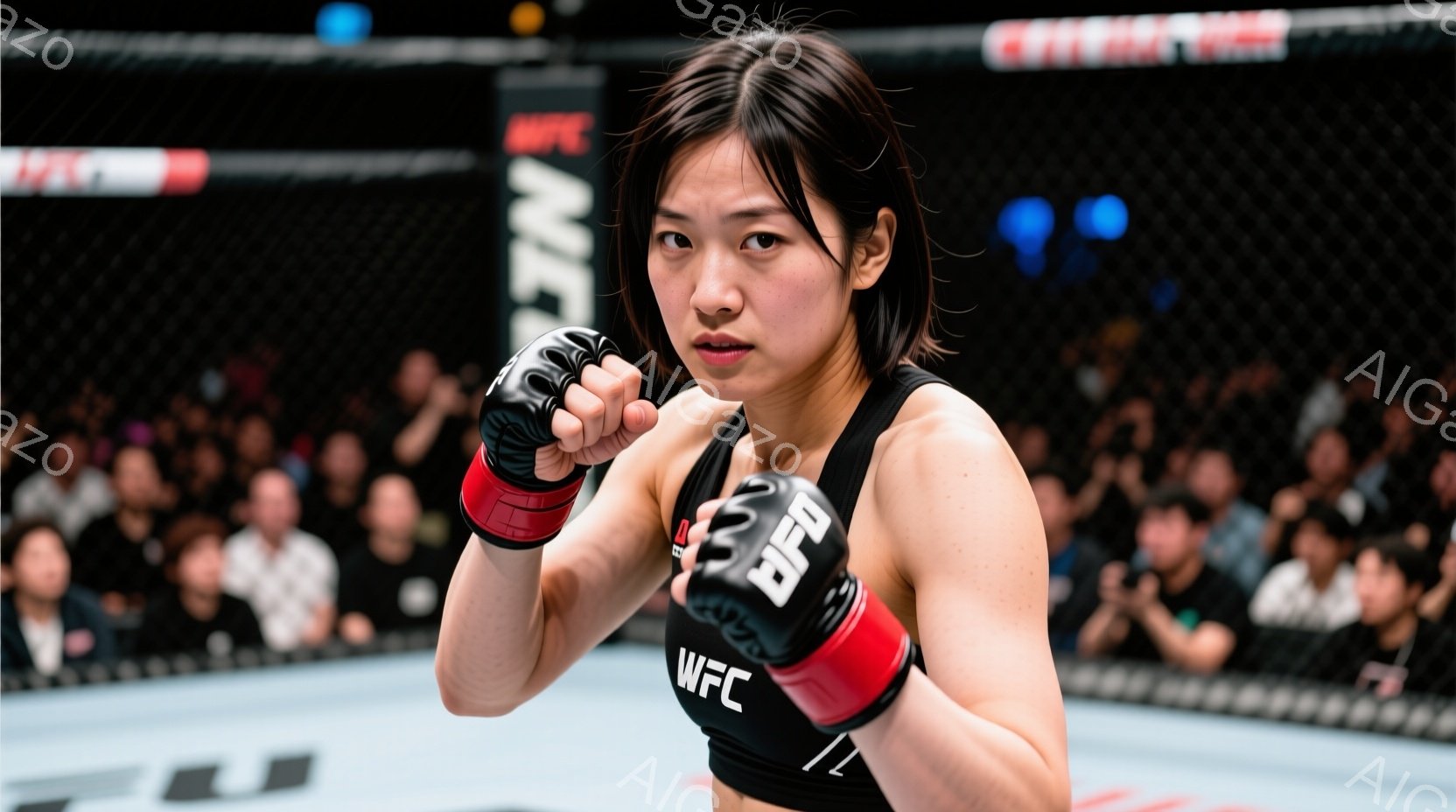 競技場で女性格闘家が写っている。彼女は黒いスポーツブラと黒いショーツを着用し、赤い手袋と包帯を巻いている。彼女は右手を突き出し、真剣な表情でカメラを見つめている。