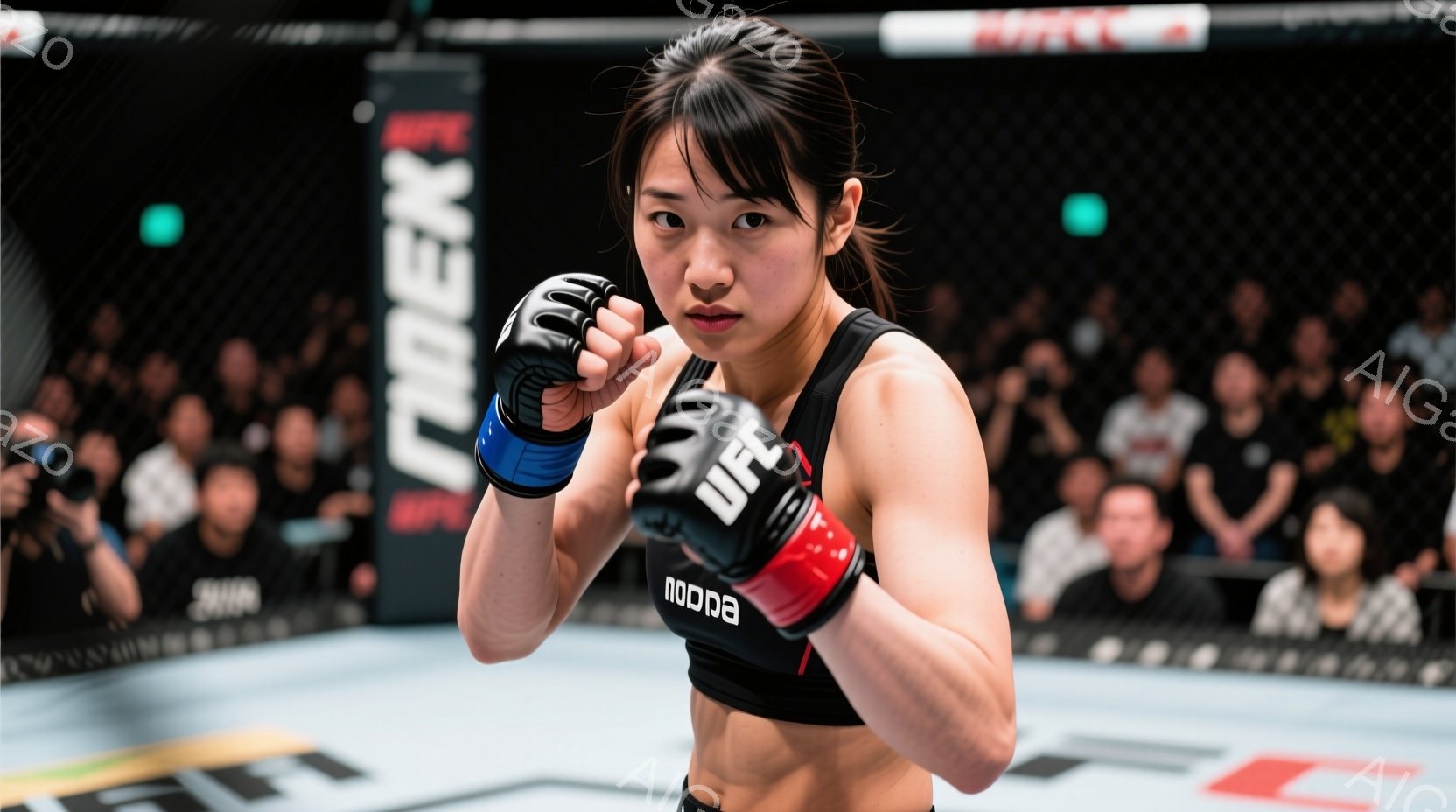 ファイターの女性がリングに立っている様子が写っている。彼女は黒いスポーツブラと短いパンツを着用し、青と赤のボクシンググローブを付けている。真剣な表情で両手を上げて防御姿勢を取り、周囲の観客が見えるリン - AI生成フリー素材