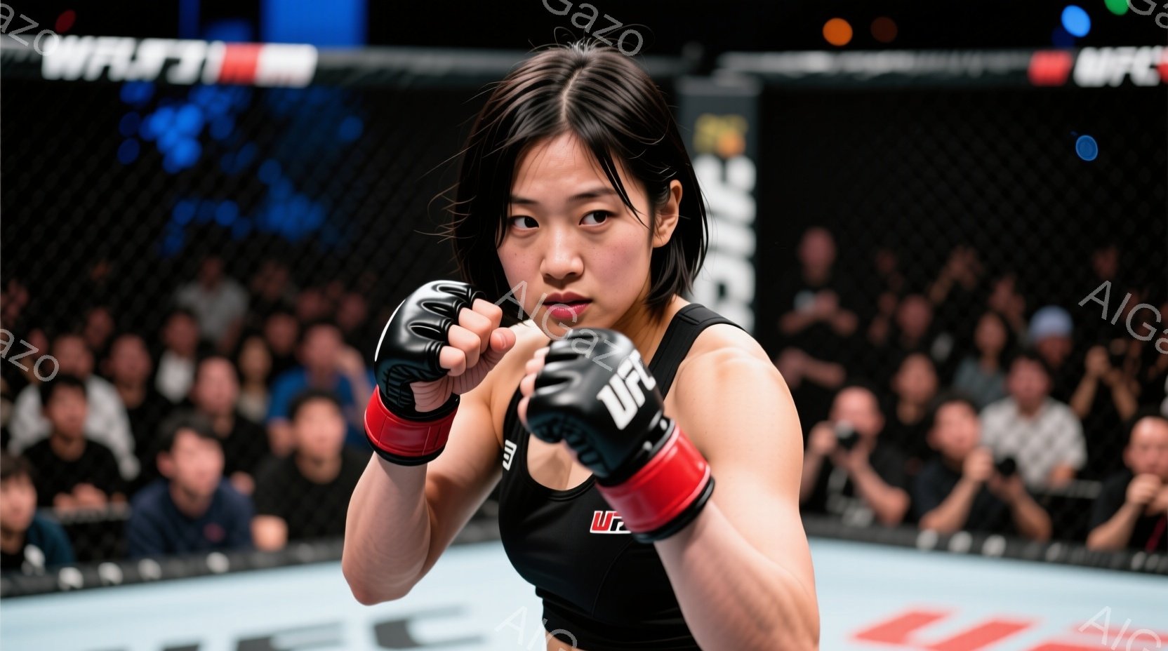 女性は黒のUFCロゴ入りタンクトップと赤いボクシンググローブを着用し、両手を拳にして構えています。彼女は真剣な表情で、力強く前を見据えています。背景には観客席が見え、リングは青色のマットで、UFCのロゴが描かれています。