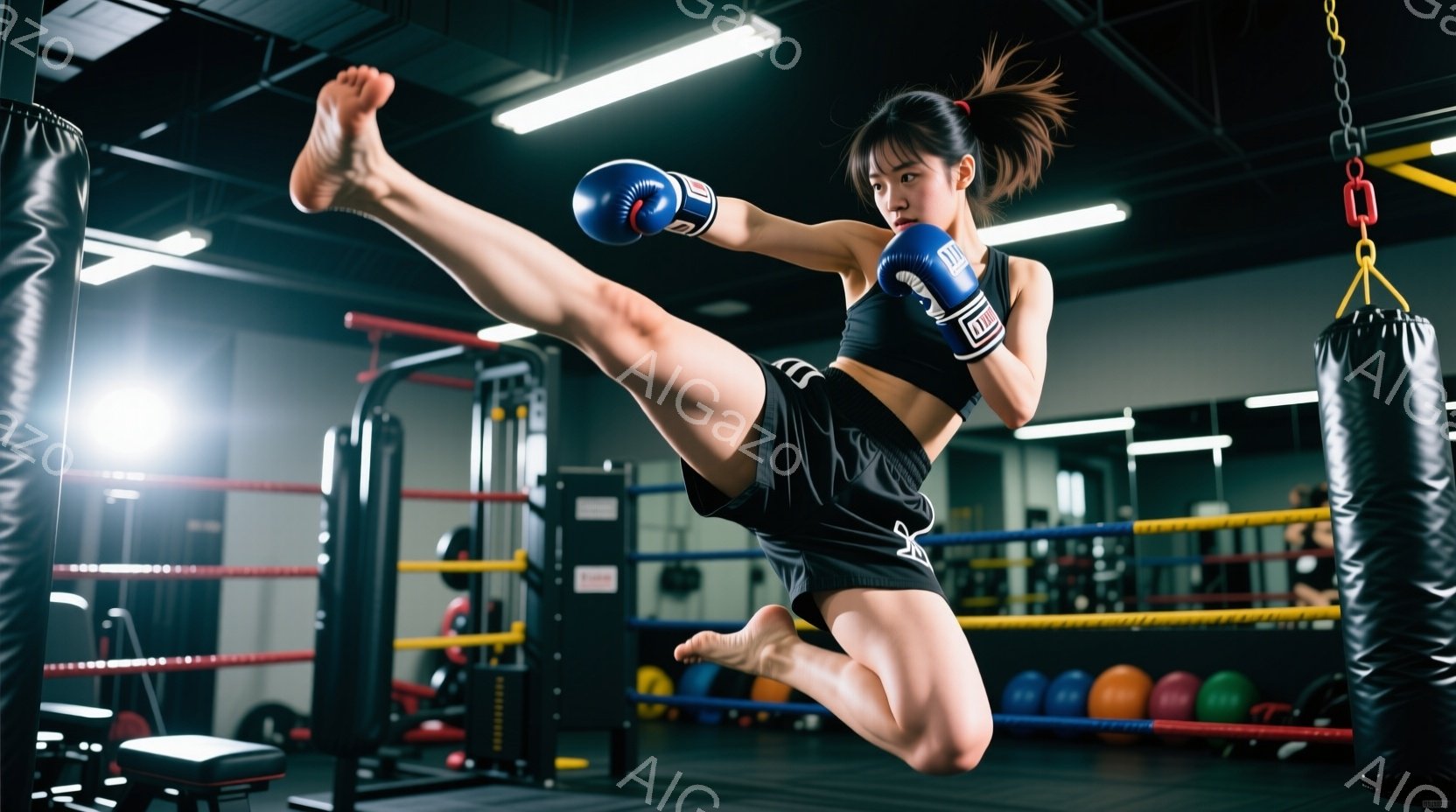 黒いスポーツブラとショーツ姿の女性が、キックボクシングのキックを繰り出す瞬間が捉えられています。彼女は髪をポニーテールにし、空中での躍動感あふれるポーズで、鍛え上げられた脚を高く上げ、左のグローブを装着しています。背景には、リング、パンチングバッグ、トレーニング機器が並び、本格的なジムの雰囲気が漂っています。