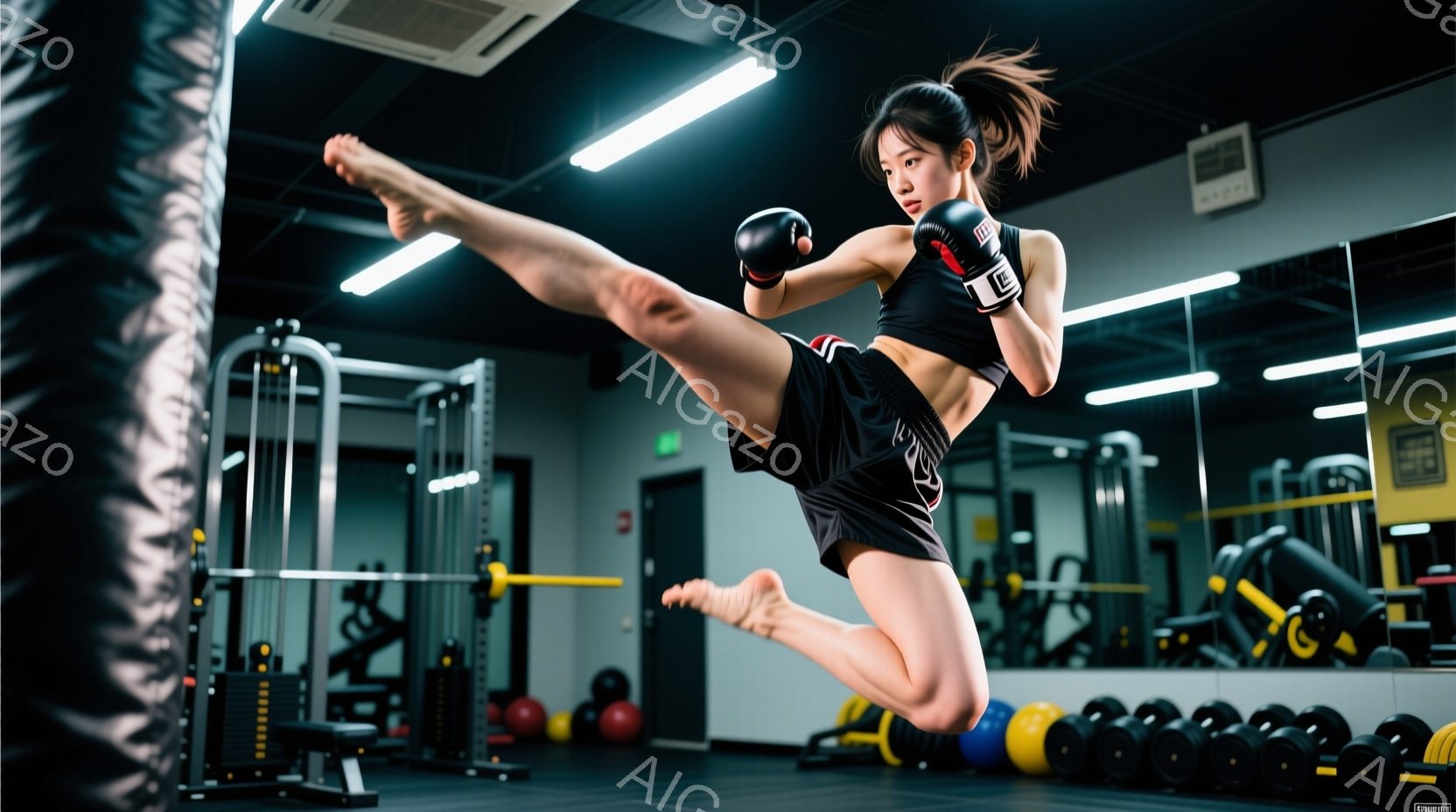 ジムで跳躍して蹴りを繰り出す女性が写っている。彼女は黒いスポーツブラとショーツ、そして片手にボクシンググローブを着用し、髪は高い位置でポニーテールにまとめられている。ジム内にはダンベルやトレーニングマシンが並び、鏡張りの壁が運動スペースを広く見せている。