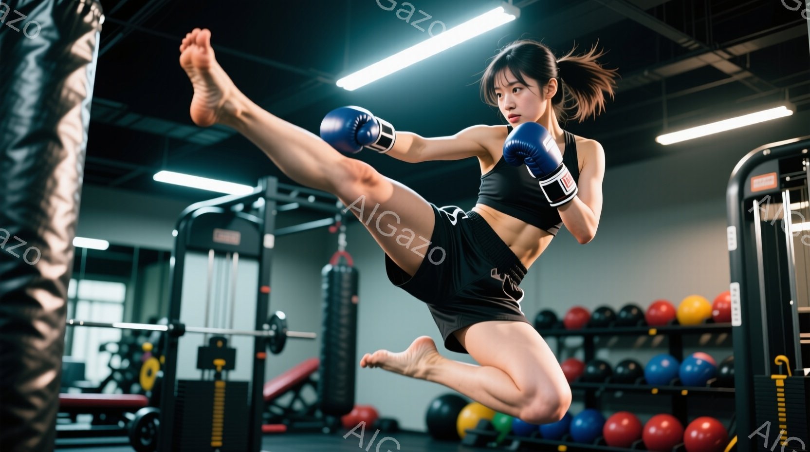 黒いスポーツブラとショーツを着た女性が、空中でキックの動作をしています。彼女は足を高く上げ、力強く蹴り出すポーズを取っており、その表情は真剣で集中しています。背景にはジムのトレーニング器具やカラフルな - AI生成フリー素材