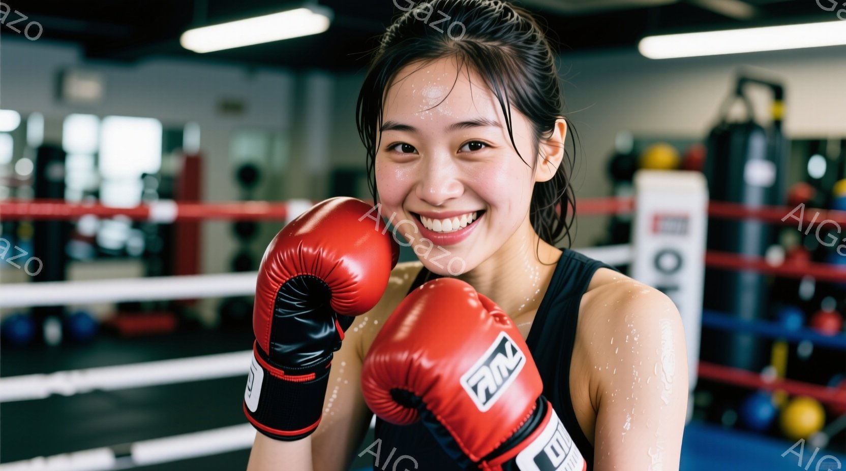 彼女は赤いボクシンググローブをはめて、リングの中で笑顔を見せています。短い髪は少し濡れており、白いタンクトップを着ています。背景にはリングロープとトレーニング器具が見え、活気のあるボクシングジムの雰囲 - AI生成フリー素材