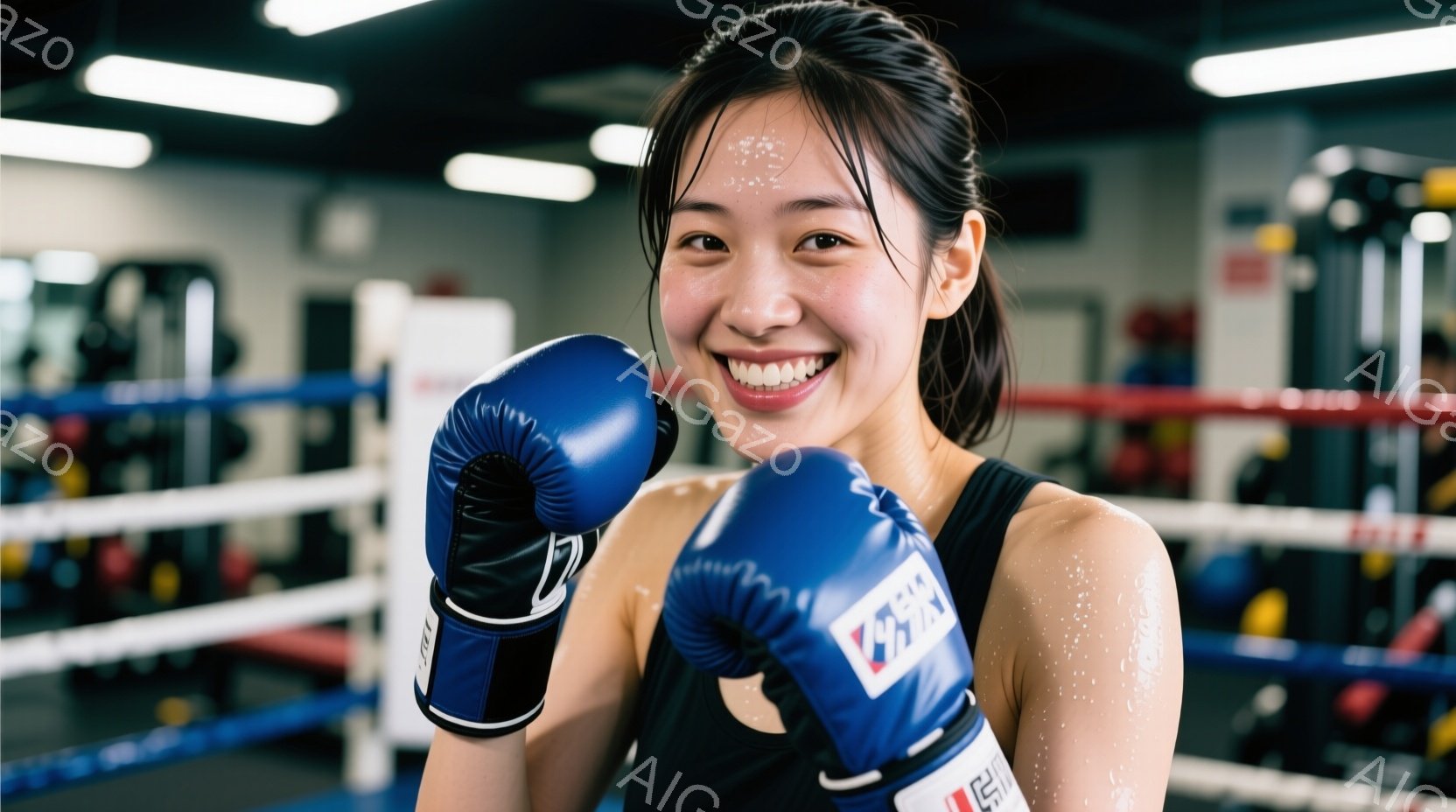 青いボクシンググローブを身につけ、満面の笑みを浮かべる女性が写っています。彼女は黒のタンクトップを着ており、髪は後ろでまとめています。背景には、ボクシングジムのリングとトレーニング器具が見え、活気のあ - AI生成フリー素材