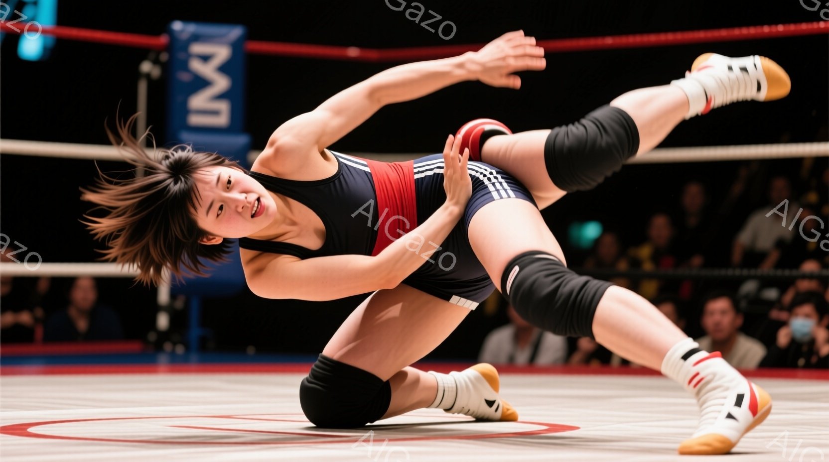 女性はレスリングの試合中、床に片膝をつき、体を大きくひねって攻撃または防御の姿勢をとっています。彼女は黒と赤のレオタードと膝当て、ハイソックスを着用し、髪は短く無造作にまとめられています。背景にはぼやけた観客席が見え、競技場の赤いマットとロープが印象的です。