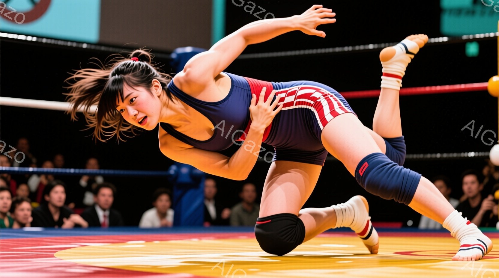 レスリングの選手がリング上で力強くポーズをとっています。赤い、白い、青いストライプが入ったレスリングウェアに、膝当てとハイソックスを着用し、髪はポニーテールにしています。背景には観客席が見え、リング全体が力強い競技の雰囲気を醸し出しています。