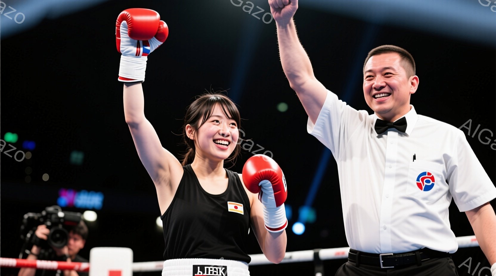 競技場のような場所で、ボクシンググローブをはめた女性と、白シャツ姿の男性が勝利を祝っている様子が写っている。女性は黒いトップスと白いショートパンツ姿で、髪は後ろで束ね、満面の笑みを浮かべて右手を高く上 - AI生成フリー素材