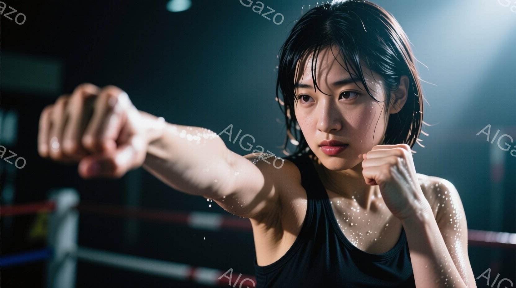 黒いタンクトップを着た若い女性ボクサーが、リングの中で右ストレートを繰り出す瞬間を捉えた写真です。 彼女の髪は濡れており、額には汗が光り、真剣な表情で集中しています。リングロープと暗い背景が、彼女の力 - AI生成フリー素材