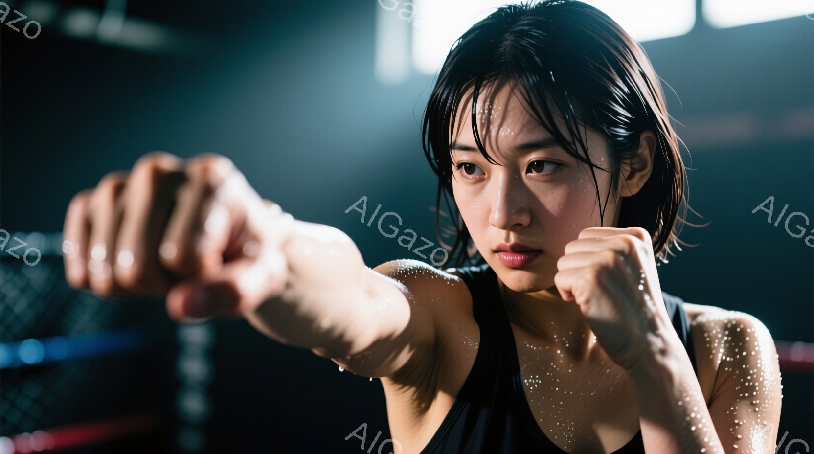 黒いタンクトップを着た若い女性がボクシングの構えを取っている様子を捉えています。彼女の髪は濡れて額に張り付き、顔には強い決意と集中力が表れています。背景は暗く、リングの一部が見え、彼女の力強い姿勢と運動能力を強調しています。