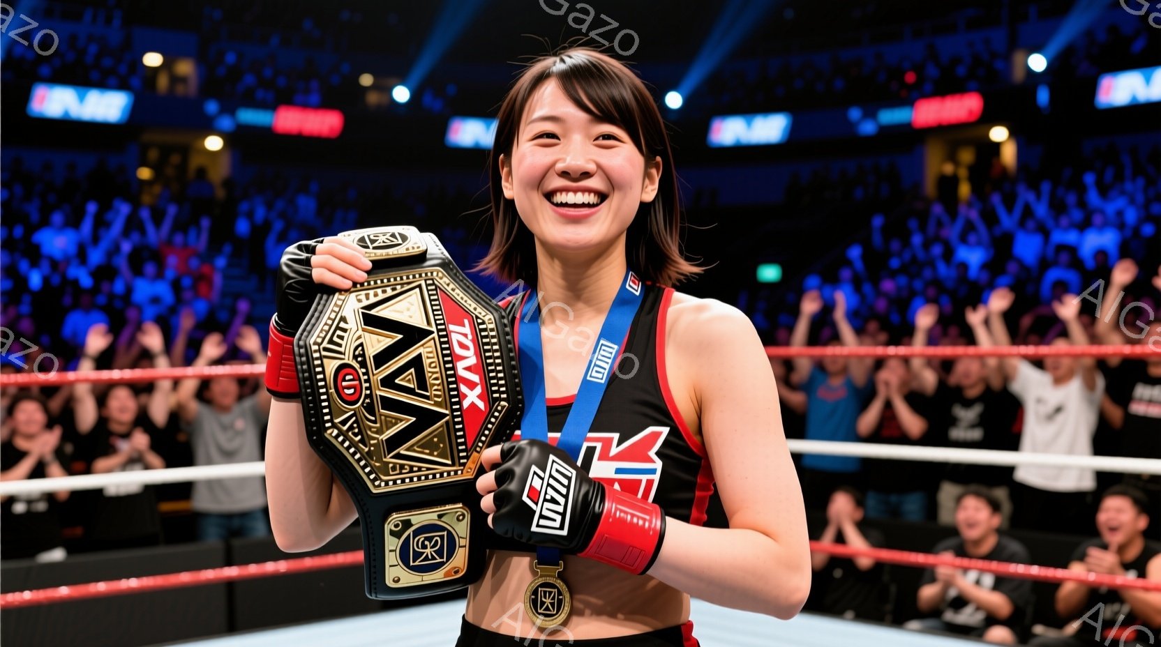競技場で、女性ボクサーが勝利を喜び、チャンピオンベルトを高く掲げています。彼女は赤と黒のスポーティーな服装で、髪を後ろで束ね、満面の笑みを浮かべています。背景には観客席が広がり、興奮と熱狂の雰囲気が伝わってきます。