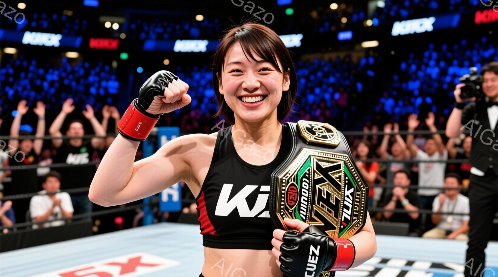 リングで勝利をアピールする女性格闘家を捉えています。彼女は黒のタンクトップに赤いロゴが入り、黒いヘアスタイルで、顔には満面の笑みを浮かべています。背景には観客席が見え、勝利の興奮と熱気が伝わってきます。