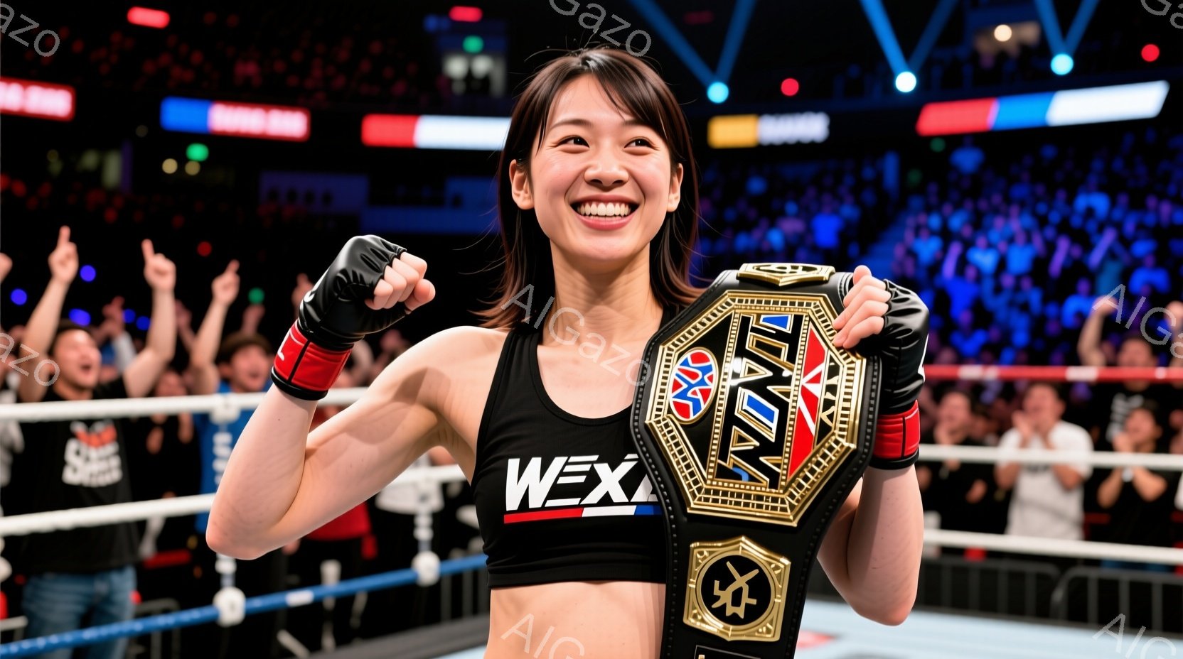 リング上でチャンピオンベルトを掲げる女性格闘家です。彼女は黒いタンクトップに赤いグローブを着用し、髪は後ろでポニーテールに結ばれています。満面の笑みを浮かべ、両手を高く挙げ、勝利の喜びを表現しています。