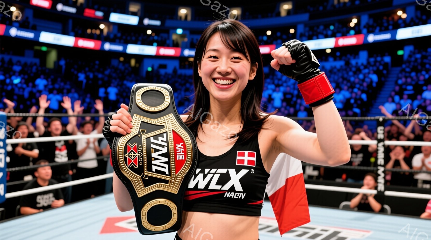 リングの中心に立つ女性格闘家が勝利のチャンピオンベルトを高々と掲げている様子を捉えています。彼女は黒いスポーツブラとショーツ姿で、髪をポニーテールにし、満面の笑みを浮かべています。背景には観客席が見え、リングロープにはスポンサーロゴが並び、勝利の興奮と高揚感が伝わってきます。