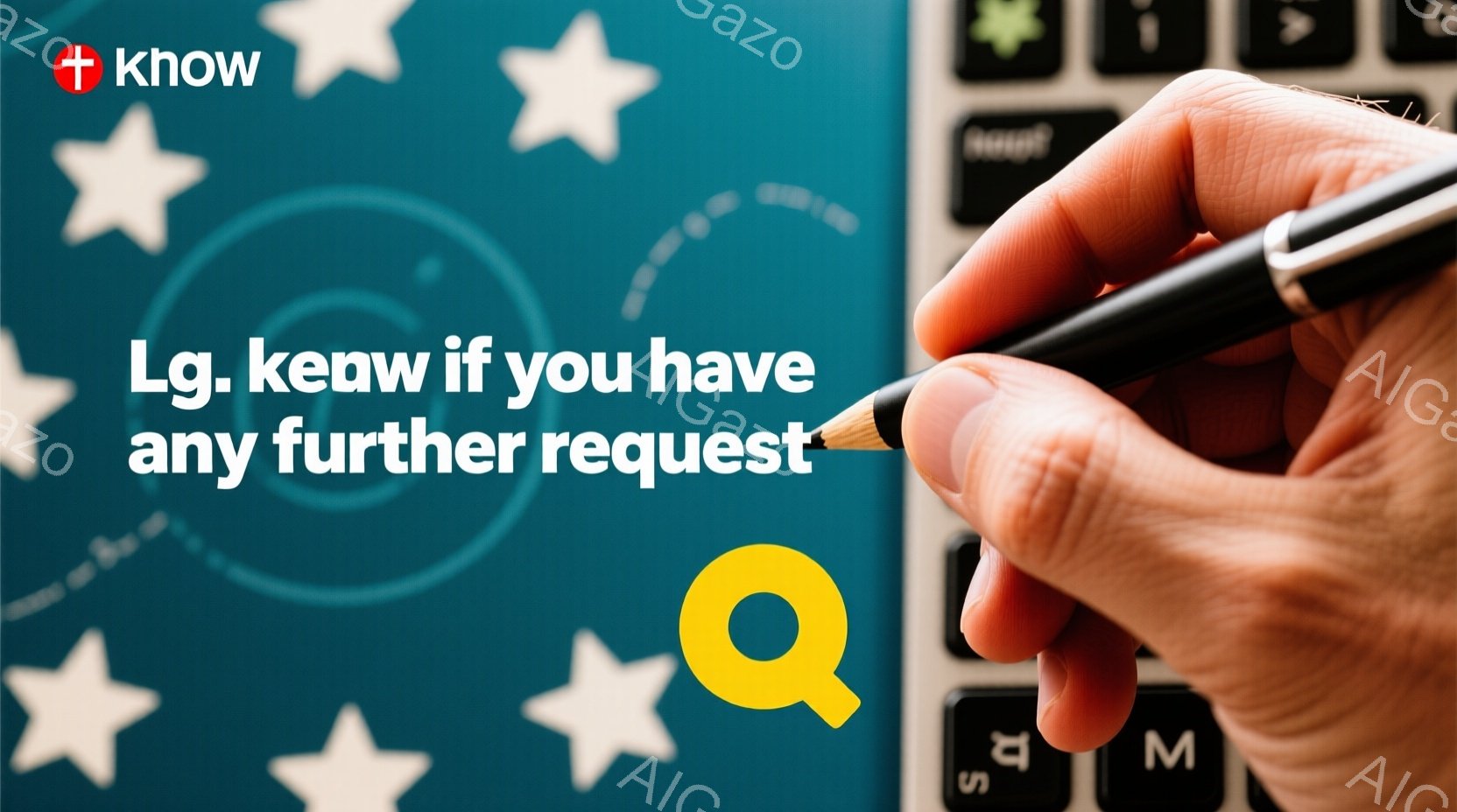 鮮やかなターコイズブルーの背景に、白い星とサーチライトのような光のパターンが散りばめられています。右側には、キーボードの一部が写っており、その上にタッチペンを持っている人の手が写っています。この構図は - AI生成フリー素材