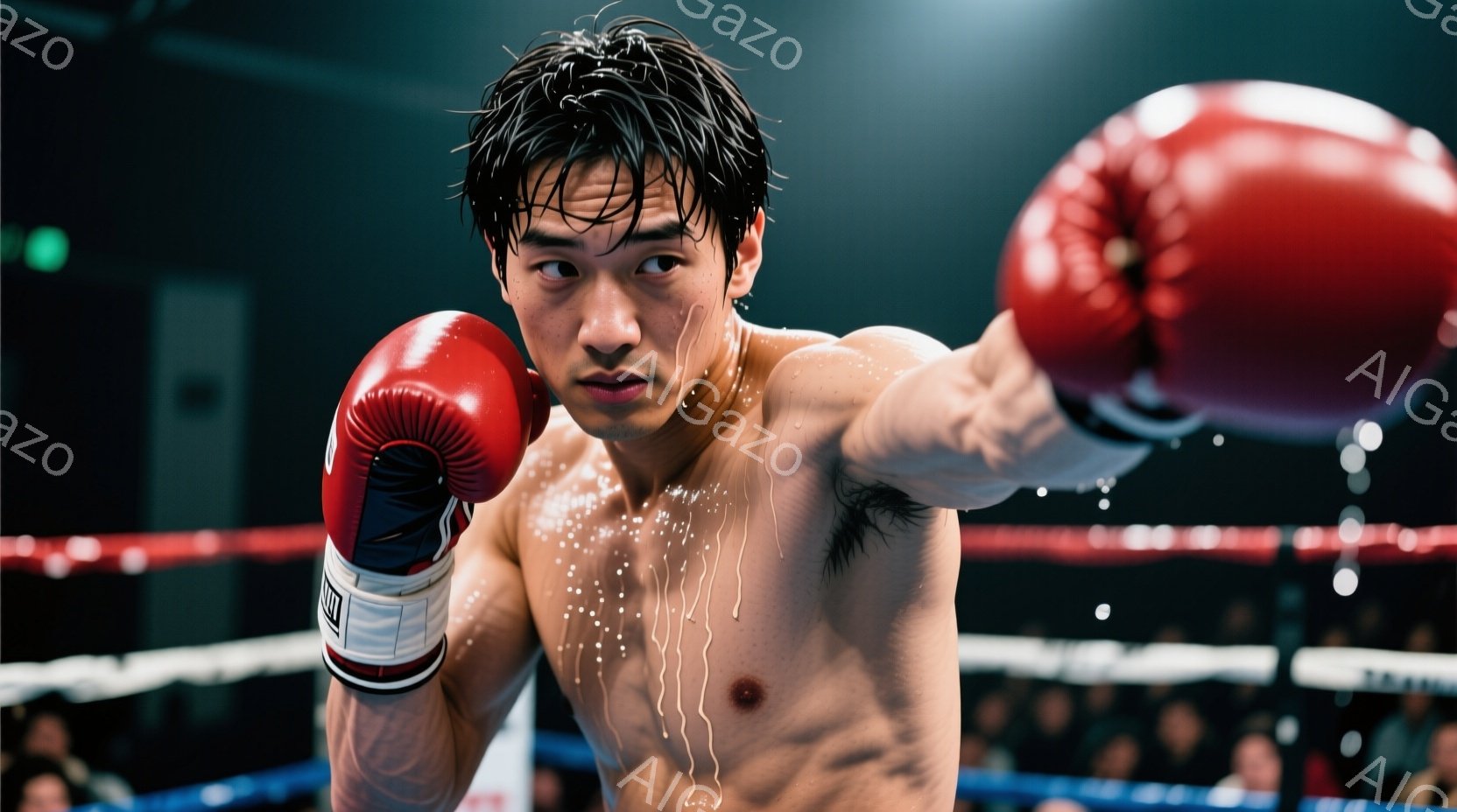 男子はボクシングリングの中に立ち、右手を突き出した構えで、汗が体から滴り落ちています。彼は赤いボクシンググローブと短いボクシングショーツを着用しており、黒髪は汗で濡れて額に張り付いています。背景にはぼやけた観客席とリングロープが見え、激しい試合の雰囲気を醸し出しています。