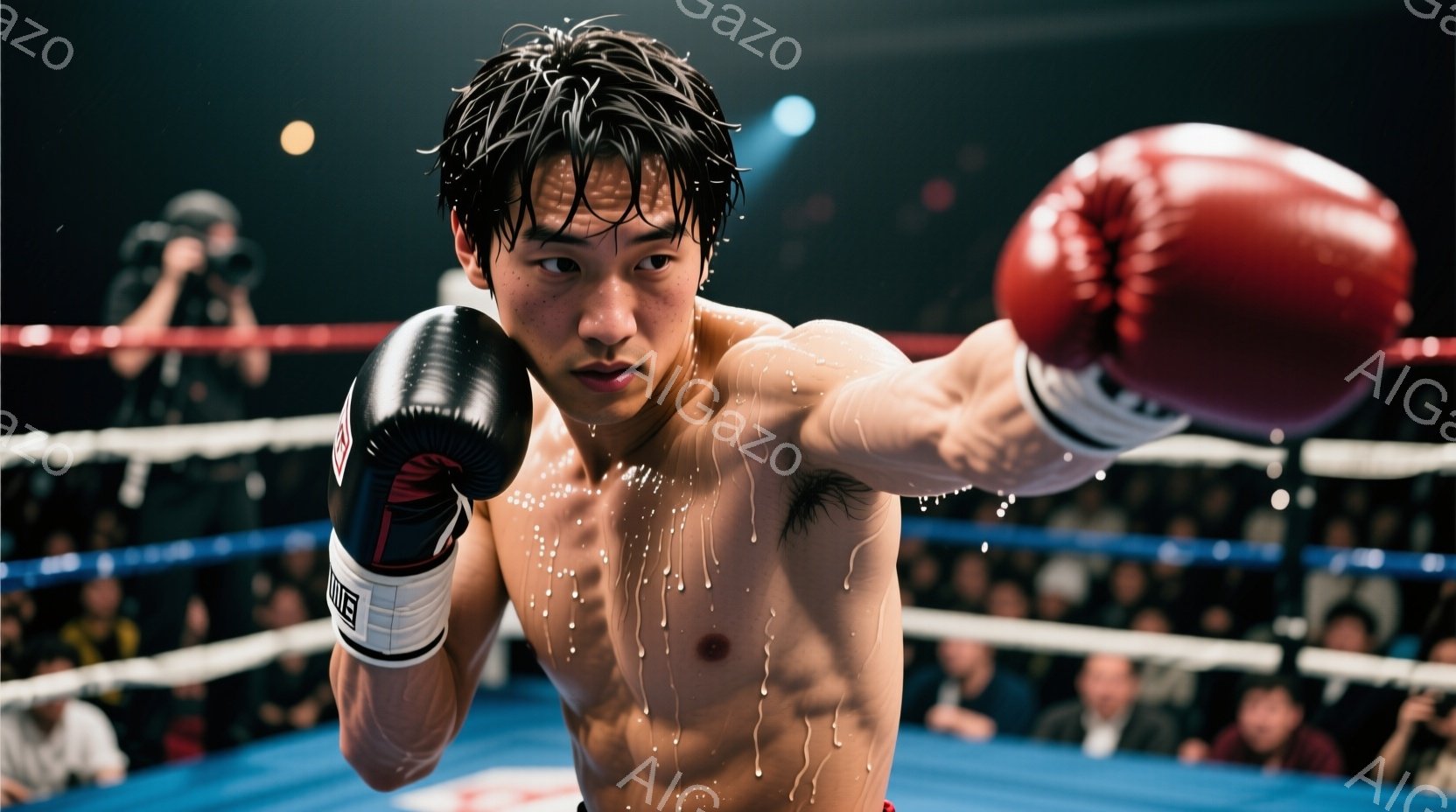 汗に濡れた肌を露わにした若い男性ボクサーがリングでパンチを繰り出している。彼は赤いボクシンググローブと白いトランクスを着用し、濡れた黒髪を額から垂らしている。リングのロープとぼやけた観客席が背景に見え、激しい戦いの緊張感が漂う。