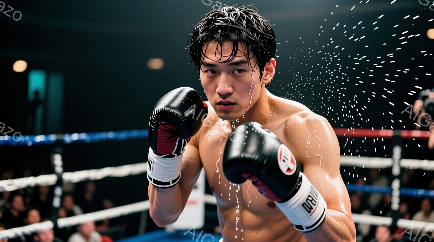 ボクシングリング内に立つ若い男性ボクサーが写っている。彼は上半身裸で、黒と白のボクシンググローブを着用し、汗が体に滴っている。顔には闘志がみなぎっており、視線は力強く、リングロープとぼやけた観客席が背景に見える。