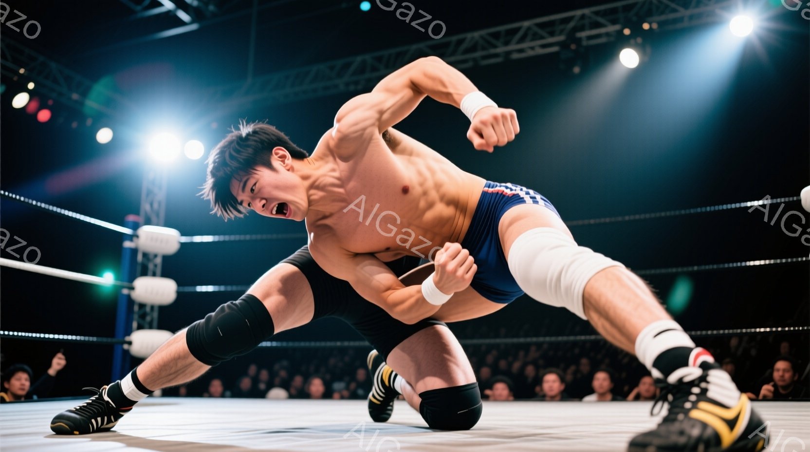 屈強な男性格闘家がリングでパンチを繰り出している様子が写っている。彼は上半身裸で、黒と赤のボクシンググローブを着用し、筋肉質な体格と険しい表情をしている。背景には観客席とリングのロープが見え、競技の緊 - AI生成フリー素材