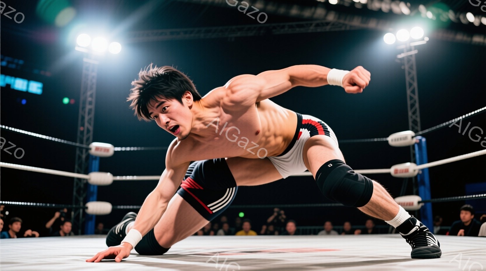 レスラーはリング上で膝をつき、片手を床につけて体を支えている。彼は黒と赤のショートパンツと黒いリストバンドとニーパッドを着用し、短く整髪された髪と、力強い表情をしている。背景には観客席とリングロープ、そして暗い照明が見え、プロレスの試合中の緊迫した雰囲気が伝わってくる。