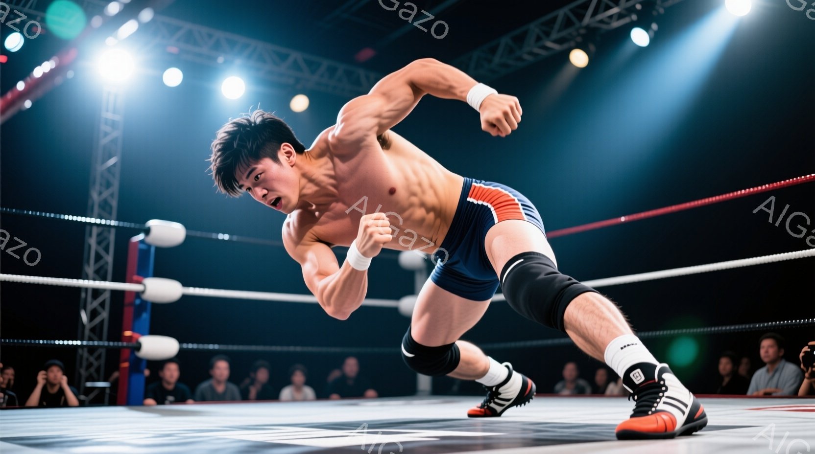 力強い表情でリングに膝をついている男性レスラーが写っています。青と黒のショートパンツと、膝と手首に巻かれた白いテーピングが特徴的で、引き締まった肉体と黒髪が印象的です。背景には観客席が見え、リングのロープと照明が競技場の雰囲気を高めています。