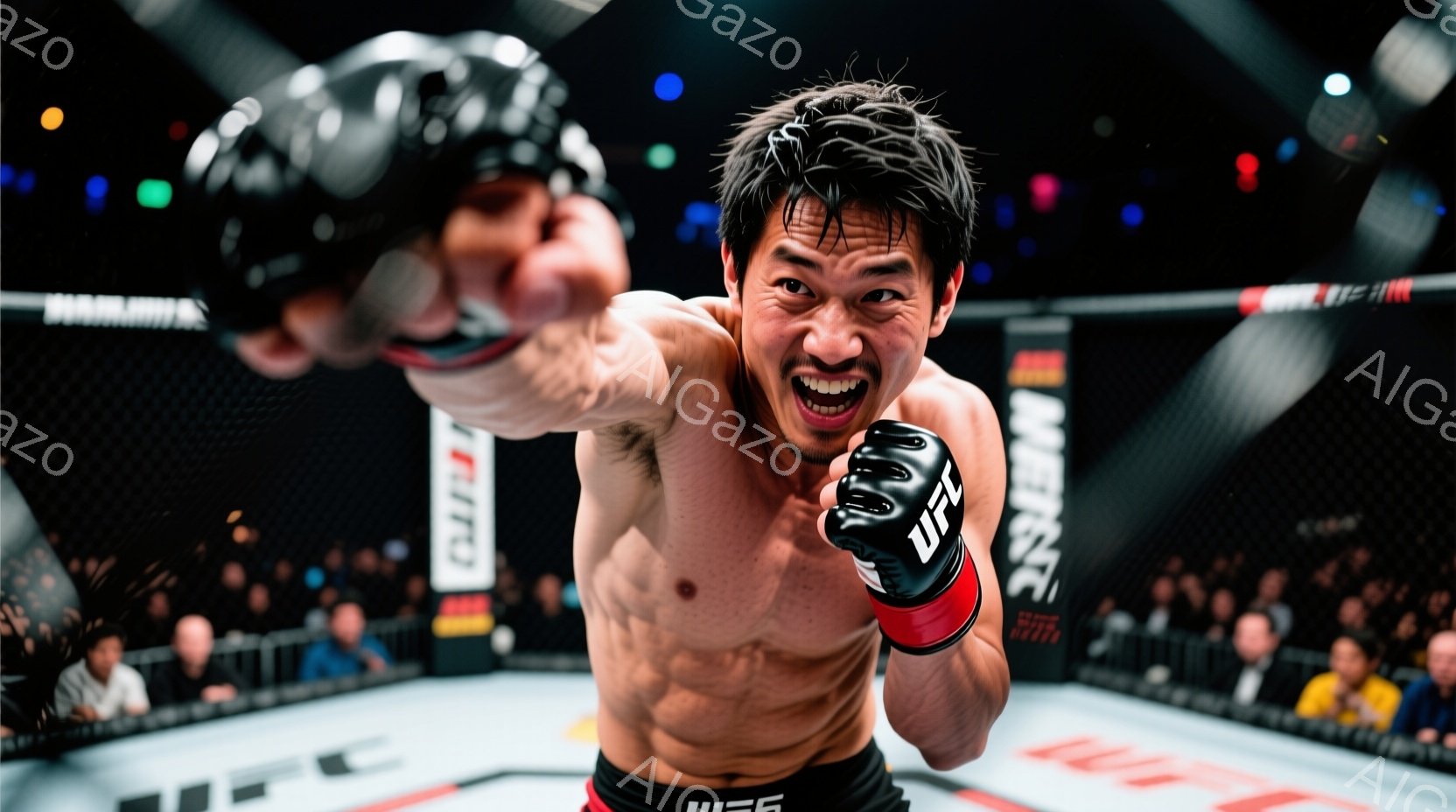 屈強な体格の男性格闘家が、拳を突き出し、激しい表情で観客を見据えています。彼は黒いショートパンツと赤いリストバンドを着用し、汗で濡れた黒髪が戦いの激しさを物語っています。背景にはぼやけた観客席とUFCのロゴが確認でき、リング全体が戦いの緊張感に包まれています。
