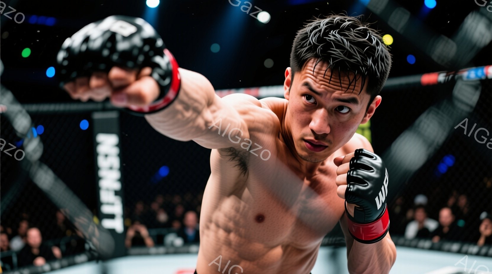 屈強な男性格闘家がリングでパンチを繰り出す瞬間を捉えた写真です。彼は上半身裸で、黒と赤のボクシンググローブを着用し、引き締まった筋肉と真剣な表情を浮かべています。背景にはぼやけた観客席とリングのロープ - AI生成フリー素材