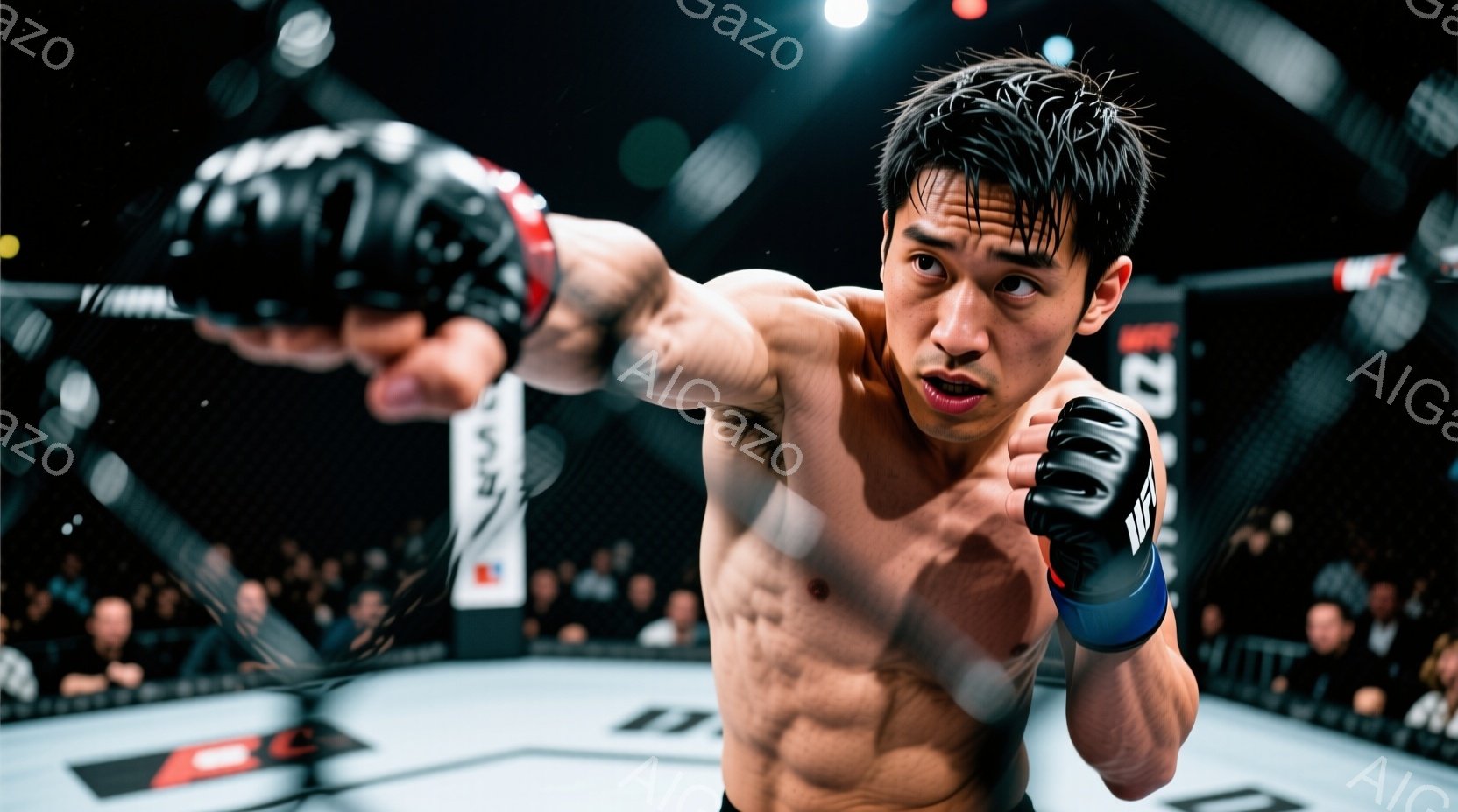 筋肉質な男性がリングでパンチを繰り出している様子が写っている。彼は上半身裸で、黒と青のボクシンググローブをはめ、汗ばんだ髪は無造作に跳ねている。背景はリングのロープと観客席で、リング全体は青と黒の模様 - AI生成フリー素材