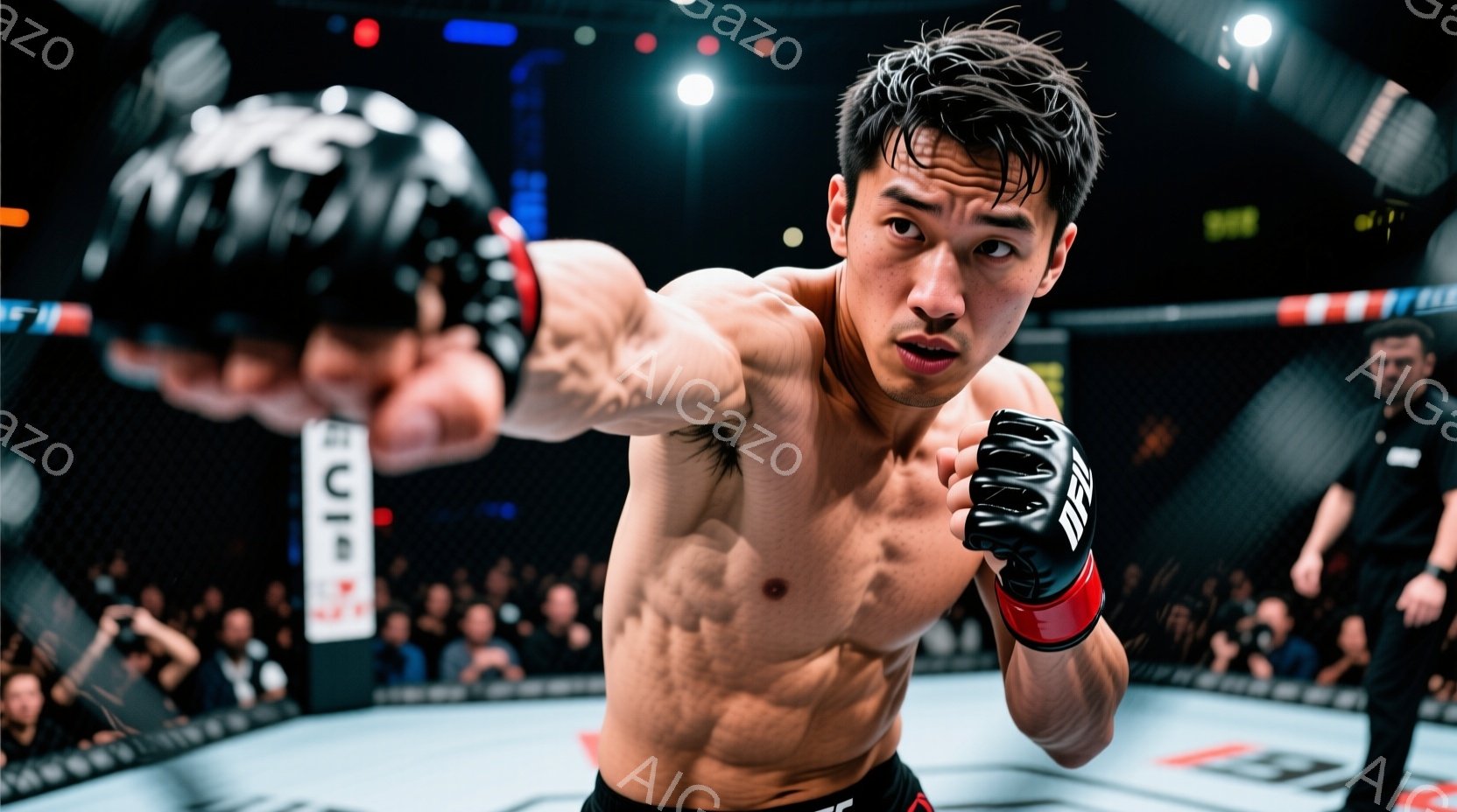 筋肉質な男性がリング中央でパンチを繰り出そうとしている姿が写っている。彼は黒い格闘技パンツと赤いバンテージを巻き、集中した表情で睨みつけている。背景には観客席とリングのロープが見え、競技場の熱気が伝わ - AI生成フリー素材