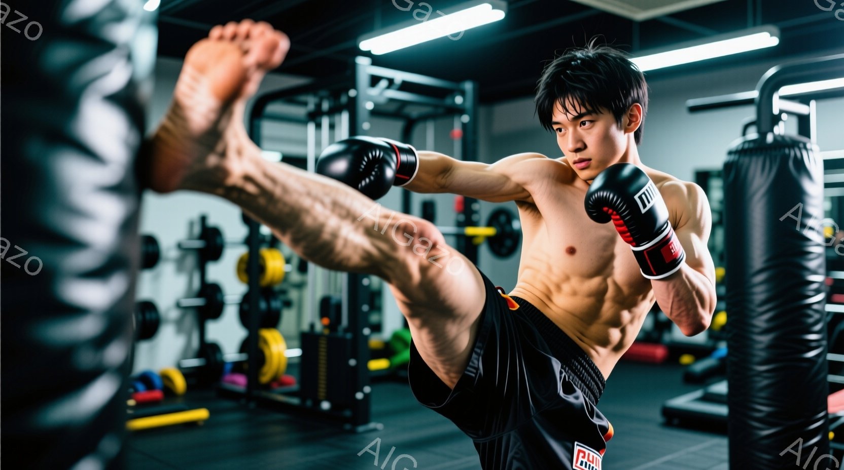鍛え上げられた肉体を誇示する男性が、ハイキックを繰り出している瞬間を捉えた写真です。黒いショートパンツと、赤いラインが入ったグローブを身につけ、真剣な表情で一点を見据えています。背景にはジムのトレーニ - AI生成フリー素材