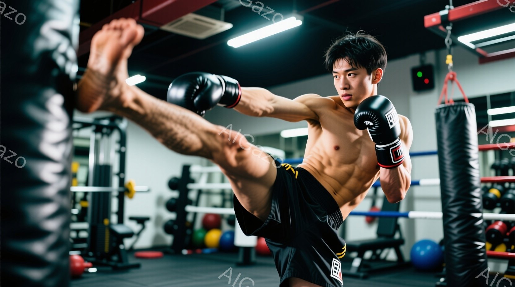 筋骨隆々の男性が、黒いショートパンツと赤いボクシンググローブを身につけ、ダイナミックなキックの瞬間を捉えられています。彼の表情は真剣で、鍛え上げられた肉体と力強いポーズが印象的です。背景にはジムのトレーニング機器やサンドバッグが見え、活気あるトレーニングの雰囲気が漂っています。