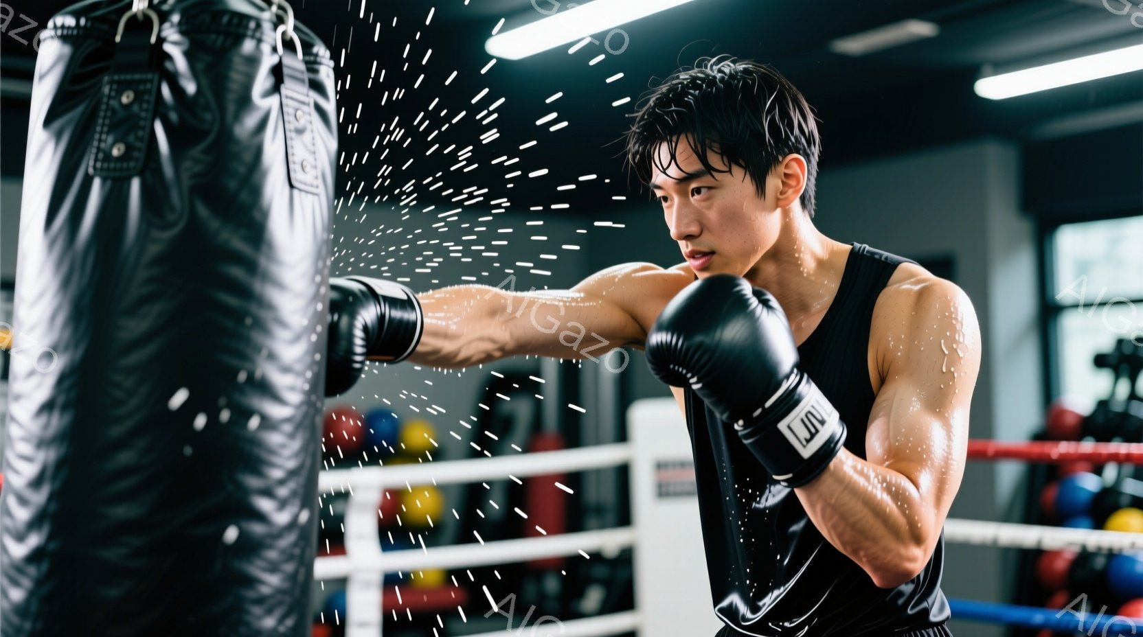 若い男性がボクシンググローブをはめてパンチを繰り出している様子が写っている。彼は汗ばんだ肌と短い黒髪を持ち、集中した表情で力強くストレートパンチを繰り出している。背景にはボクシングジムのリングとバッグがあり、白い光が散りばめられた躍動感のある瞬間を捉えている。