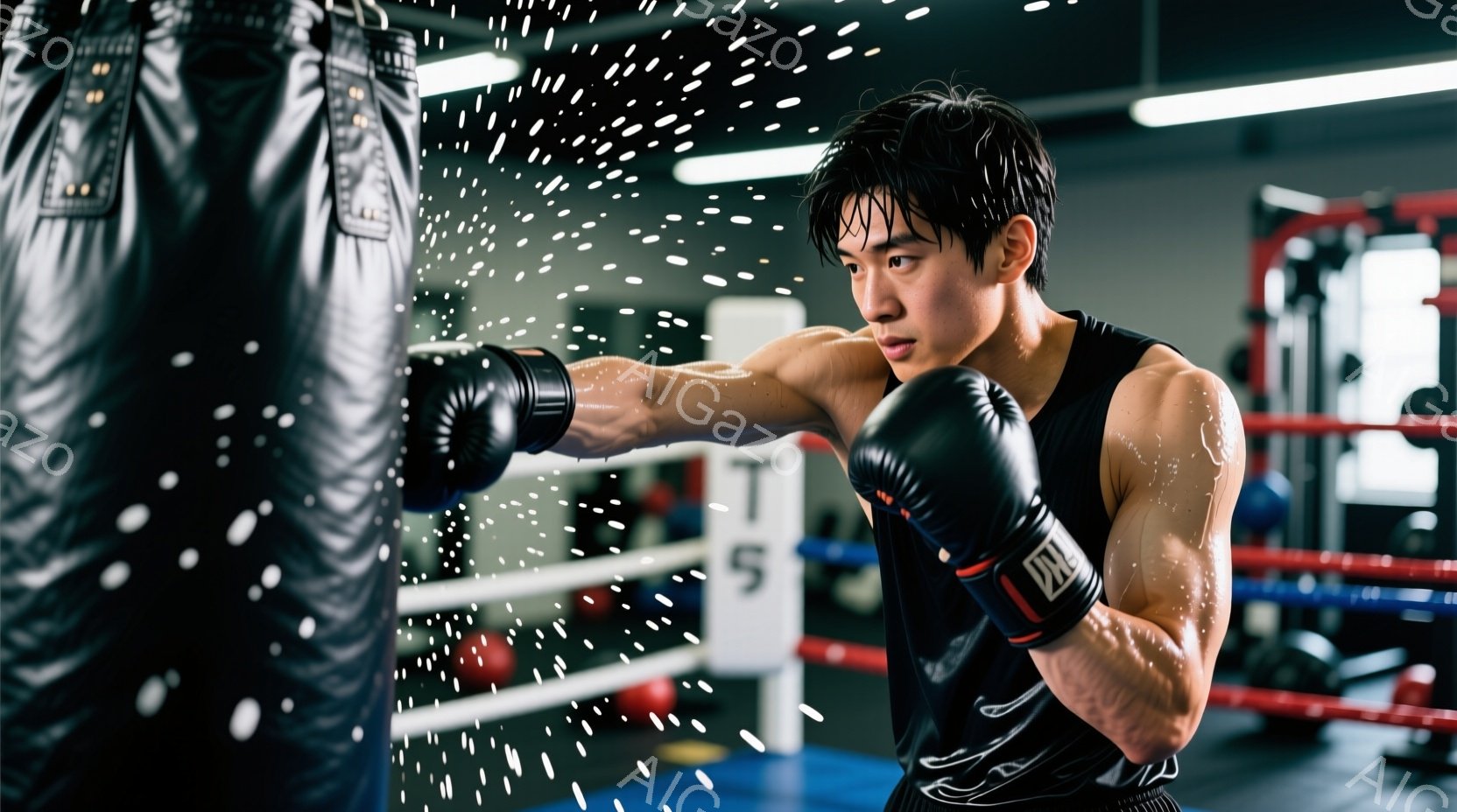 若い男性がボクシンググローブを着用し、パンチを繰り出す瞬間を捉えた写真です。汗が飛び散る様子から激しい運動の様子が伺えます。背景にはリングロープやサンドバッグが見え、ジムの様子がわかります。 - AI生成フリー素材