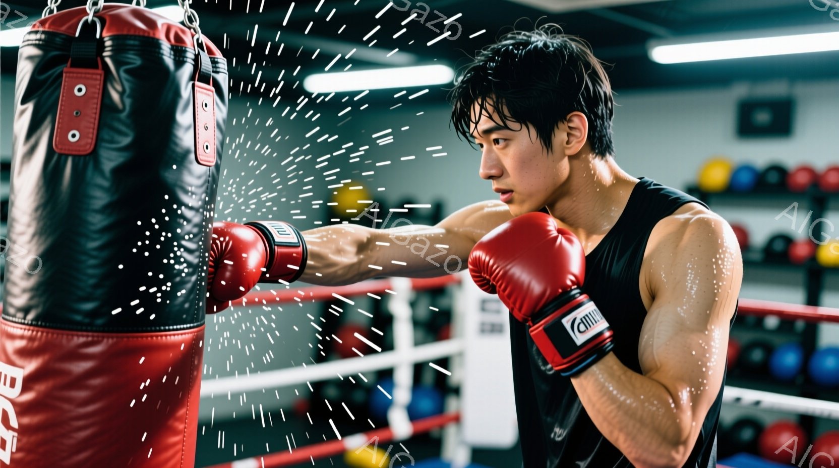 鍛錬に励む男性が写っている。彼は黒いタンクトップを着ており、赤いボクシンググローブをはめている。力強い右ストレートを繰り出す瞬間の写真で、背景にはボクシングジムのトレーニング器具とパンチングボールが見え、汗が飛び散る様子から激しい運動の様子が伝わる。