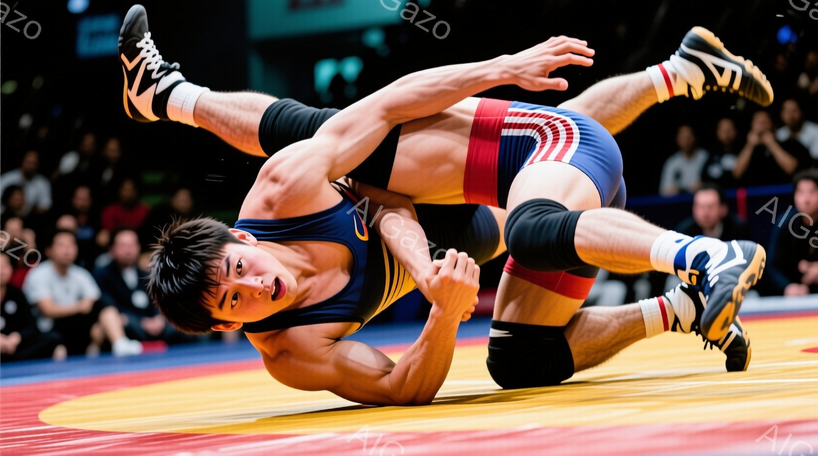 レスリングの競技者がマット上で激しい攻防を繰り広げています。青色のユニフォームと黒の膝当てを着用した選手は、相手の体を抑え込もうとしており、力強い表情を浮かべています。背景には観客席が見え、競技場の熱気と緊張感が伝わってきます。