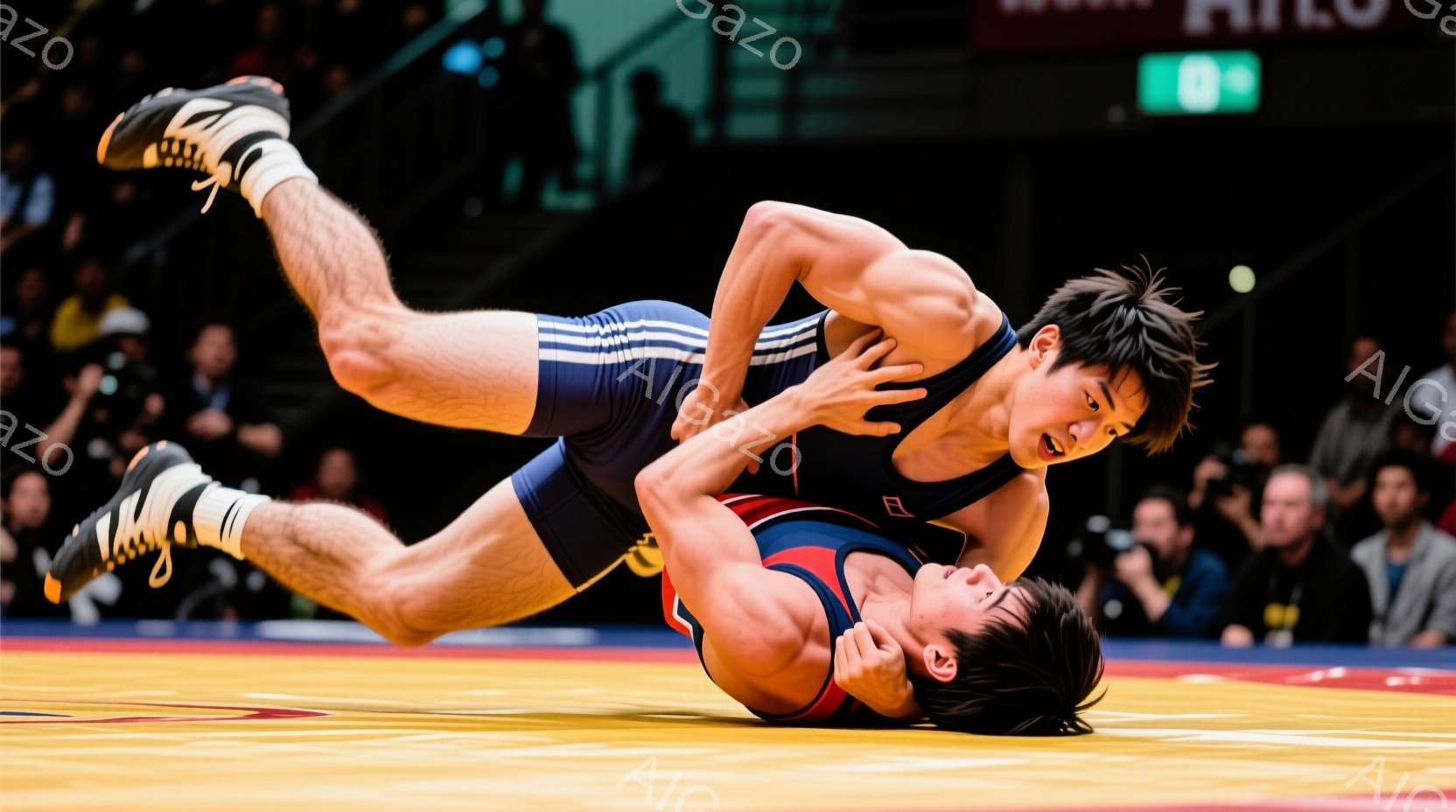 レスリングの試合中の二人の男性が写っている。一人は青いレスリングウェアと黒いヘアスタイルで、相手を抑え込もうと上から力を込めている。背景には観客席が見え、会場全体が競技に集中した熱気に包まれている。 - AI生成フリー素材