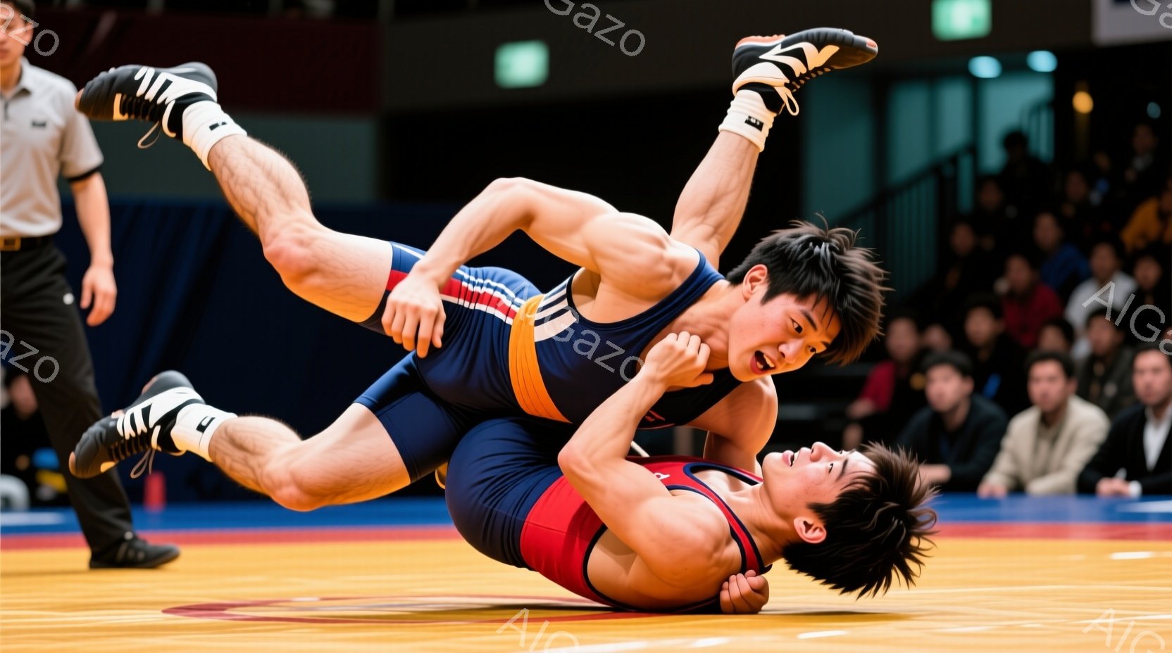 レスリングの試合中の2人の男性が写っています。一人は青と黄色のコスチュームで、空中で体をねじり、相手に体勢を崩そうとしています。もう一人は赤と黄色のコスチュームで、マットにうつ伏せになり、相手の攻撃を受け止めようとしています。