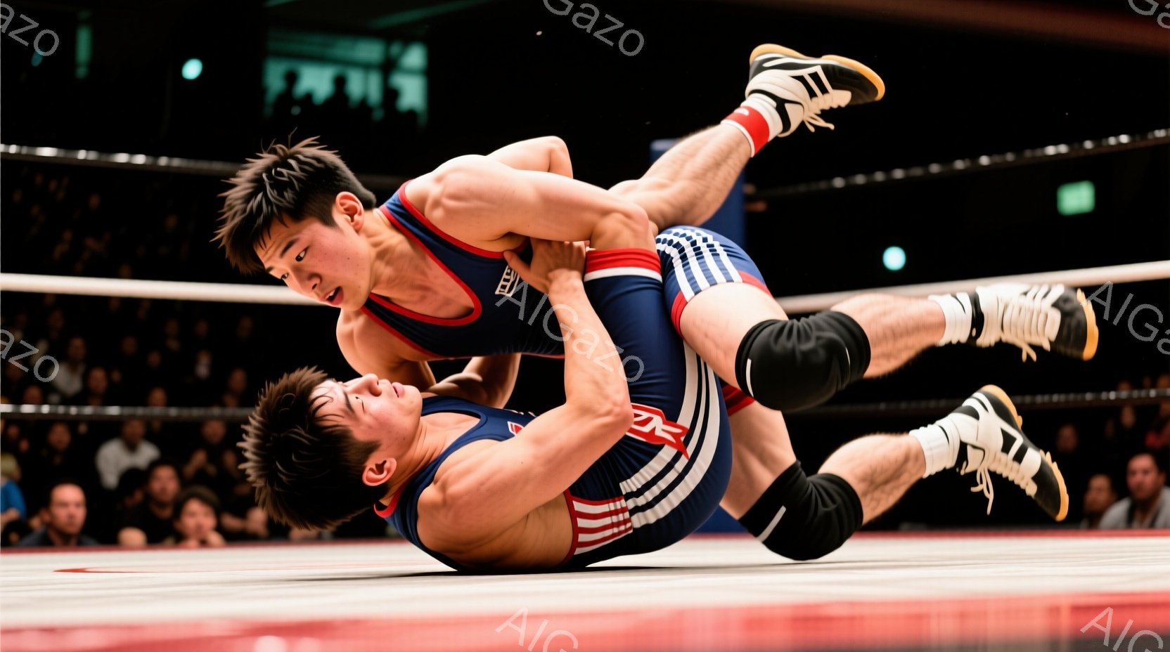 レスリングの試合中の様子で、一人の選手が仰向けになり、もう一人の選手がその上に覆いかぶさるように体勢をとっています。両選手とも紺色と赤色のストライプが入ったレスリングウェアを着用し、髪型は短髪です。背 - AI生成フリー素材