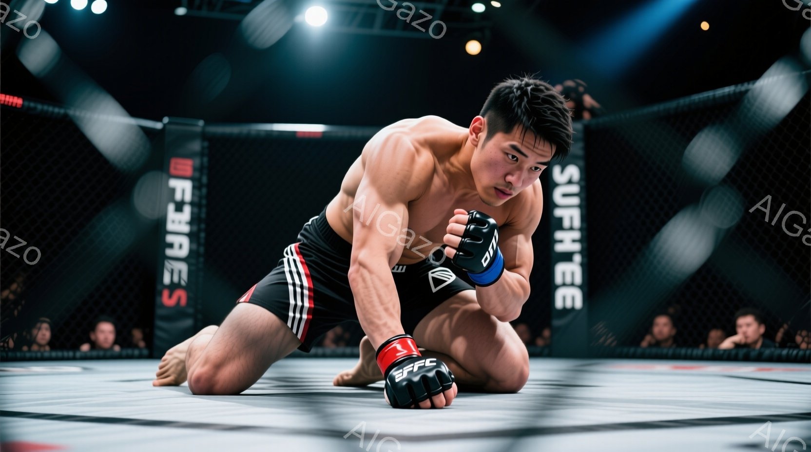 黒い格闘技パンツと黒いタンクトップを着た男性が、リング中央で膝をついて構えています。筋肉質な体格で、集中した表情で前を見据え、両手はグローブをはめて防御の姿勢をとっています。背景は格闘技のリングで、観客席が見え、照明が強く当たって緊張感のある雰囲気が漂っています。