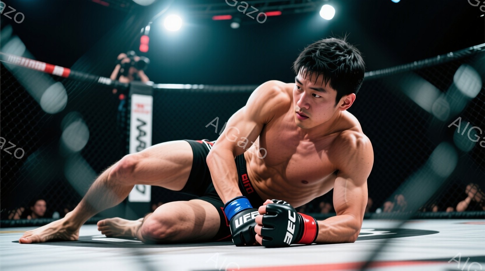 屈強な男性が、柔道または格闘技の試合中の様子が写っている。彼は黒いショートパンツとUFCのロゴが入ったグローブを着用し、筋肉質な体格を誇っている。リングはロープで囲まれ、背景は暗く、試合の緊張感を高めている。