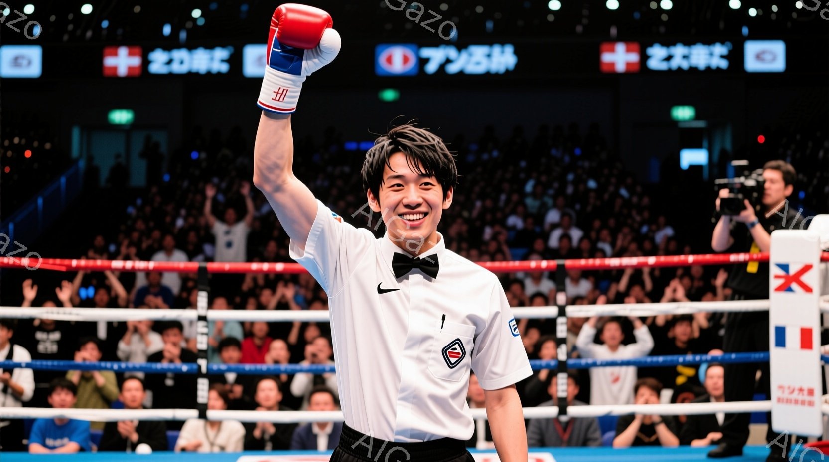 画像はボクシングリングに立つ男性を捉えており、彼は白いシャツに黒いネクタイ、黒いズボンを着用し、片手に赤いボクシンググローブをはめて勝利をアピールしています。彼は満面の笑みを浮かべ、右手を高く掲げ、自信に満ちた表情でカメラを見つめています。背景には観客席が広がり、多くの観客がリングを見守っており、興奮と熱狂的な雰囲気が漂っています。