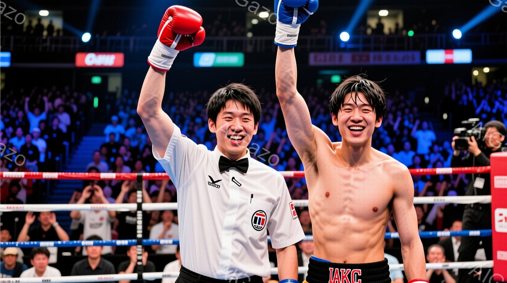 白い柔道着を着た男性が、赤いボクシンググローブをはめた相手に向かって右ストレートを繰り出しています。彼の表情は真剣で、集中力に満ちています。背景には、他の柔道着姿の人物や、青と赤の柔道マット、そしてシンプルな壁が見え、練習風景のようです。