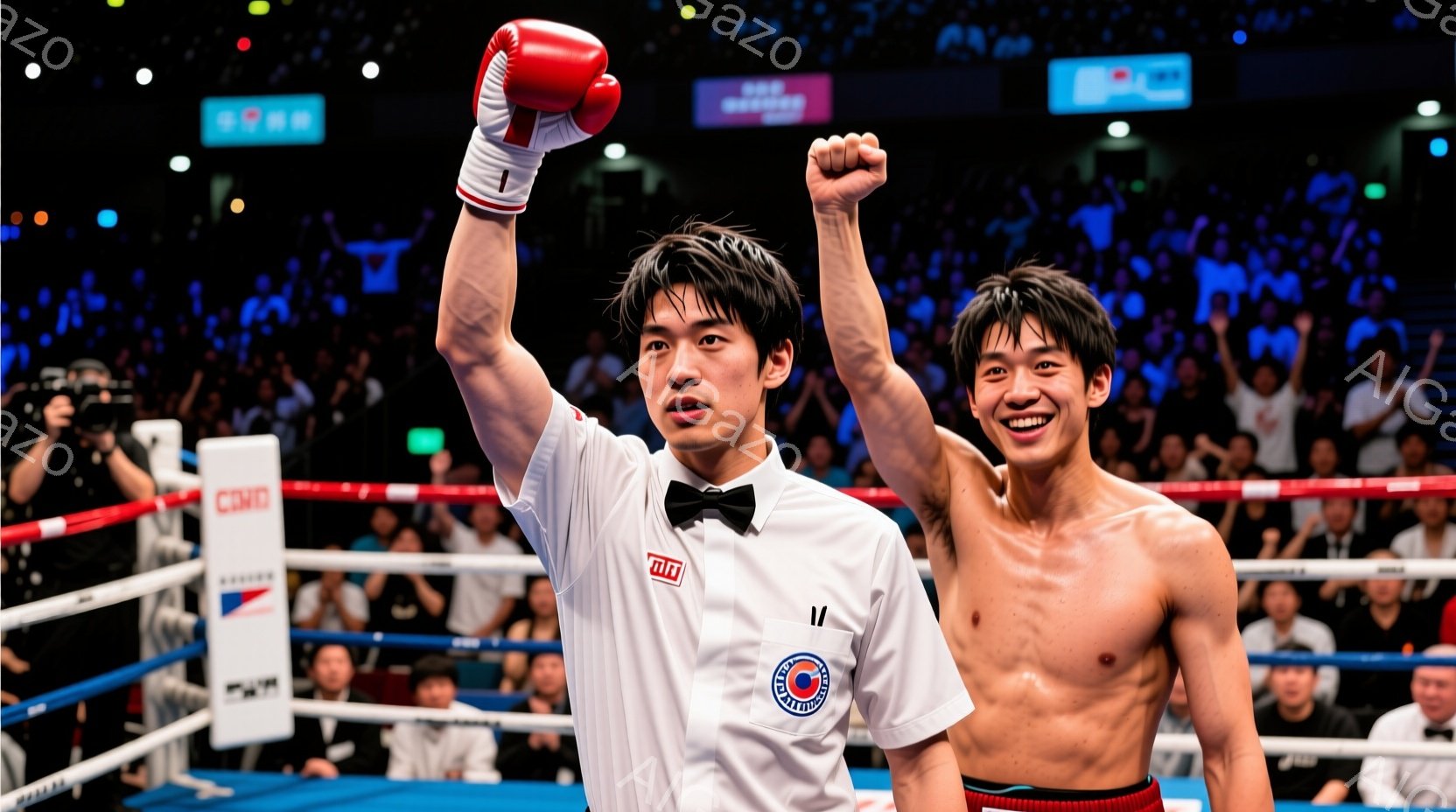 試合後と思わしきリングに、ボクサー2人が立っている。片方は白のシャツに黒いズボンで、髪は短く整えられ、満面の笑みを浮かべて右手を高く上げている。もう片方は上半身裸で、短髪、同じく満面の笑みを浮かべ、勝利を喜んでいる様子が伺える。